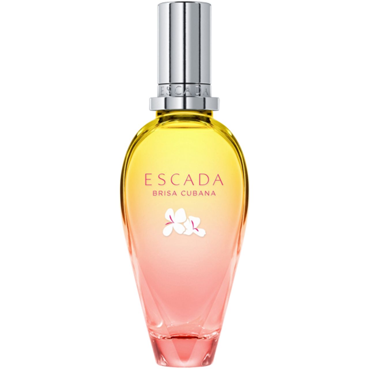 Escada Brisa Cubana E.d.T. Nat. Spray. Flakon mit gelb-rosa Farbverlauf, silberner Verschluss. Blüten-Dekor.