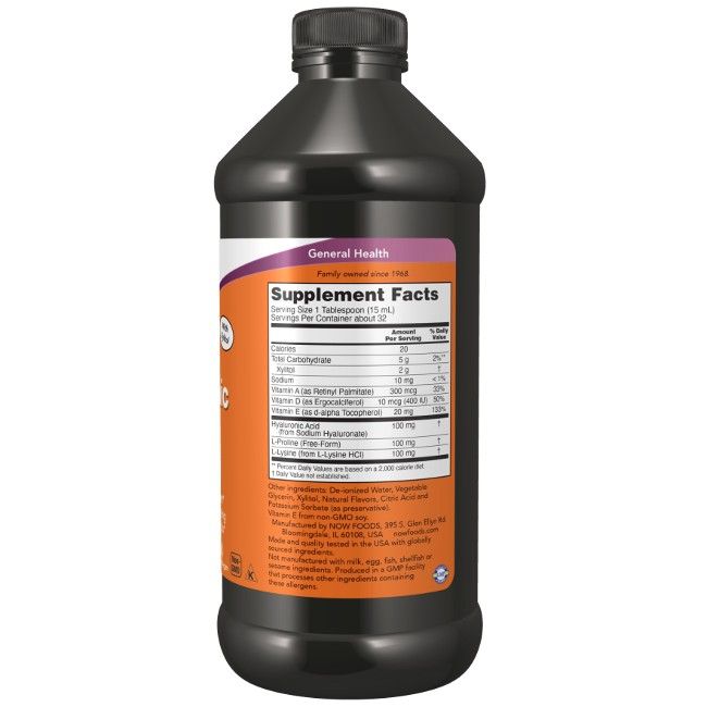 Schwarze Flasche mit Etikett. Enthält Nährwertangaben und Inhaltsstoffe. Marke NOW Foods.
