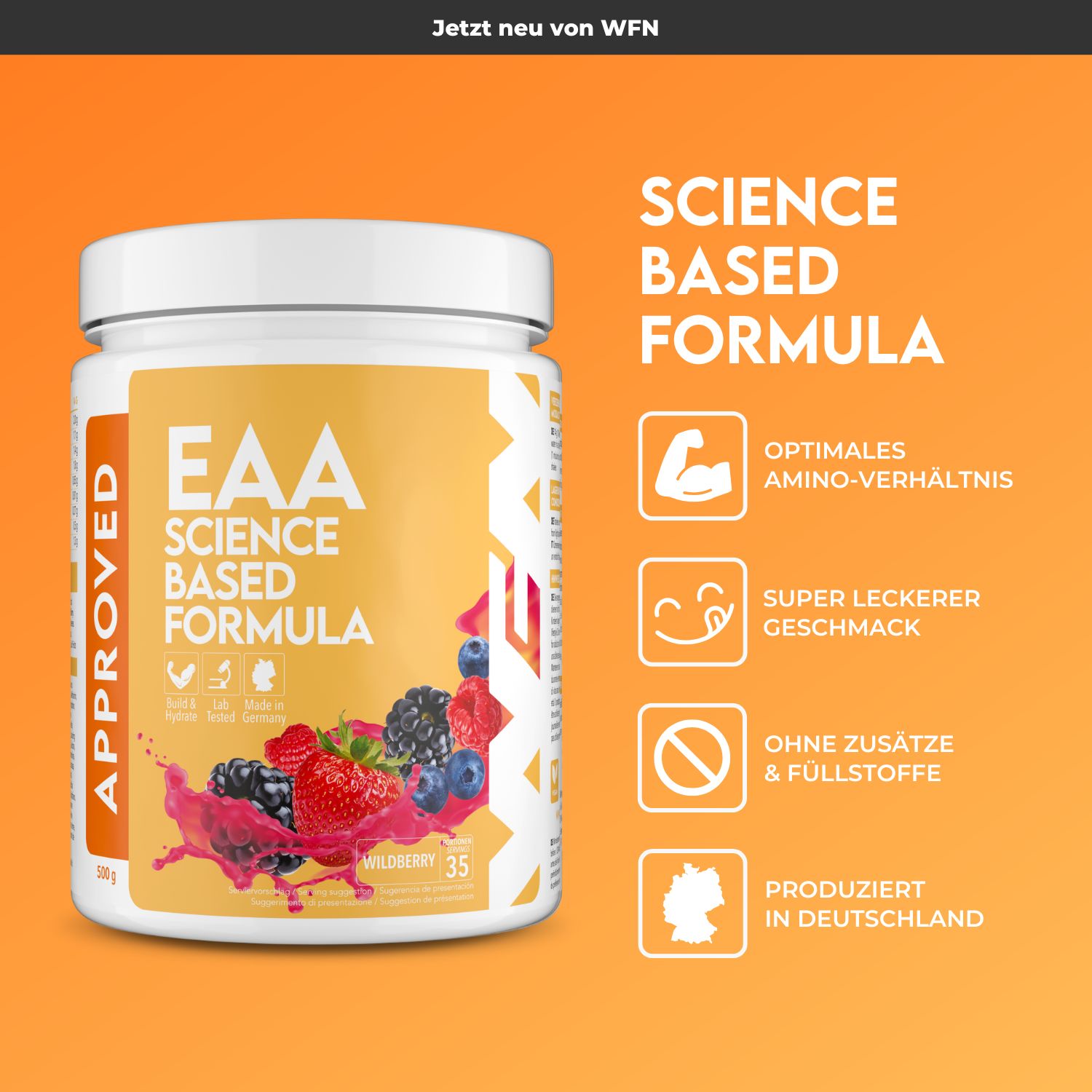 Behälter mit EAA Science Based Formula. Gelbes Etikett mit Produktnamen, Früchten und Zertifizierung. Orangefarbener Hintergrund mit Text.