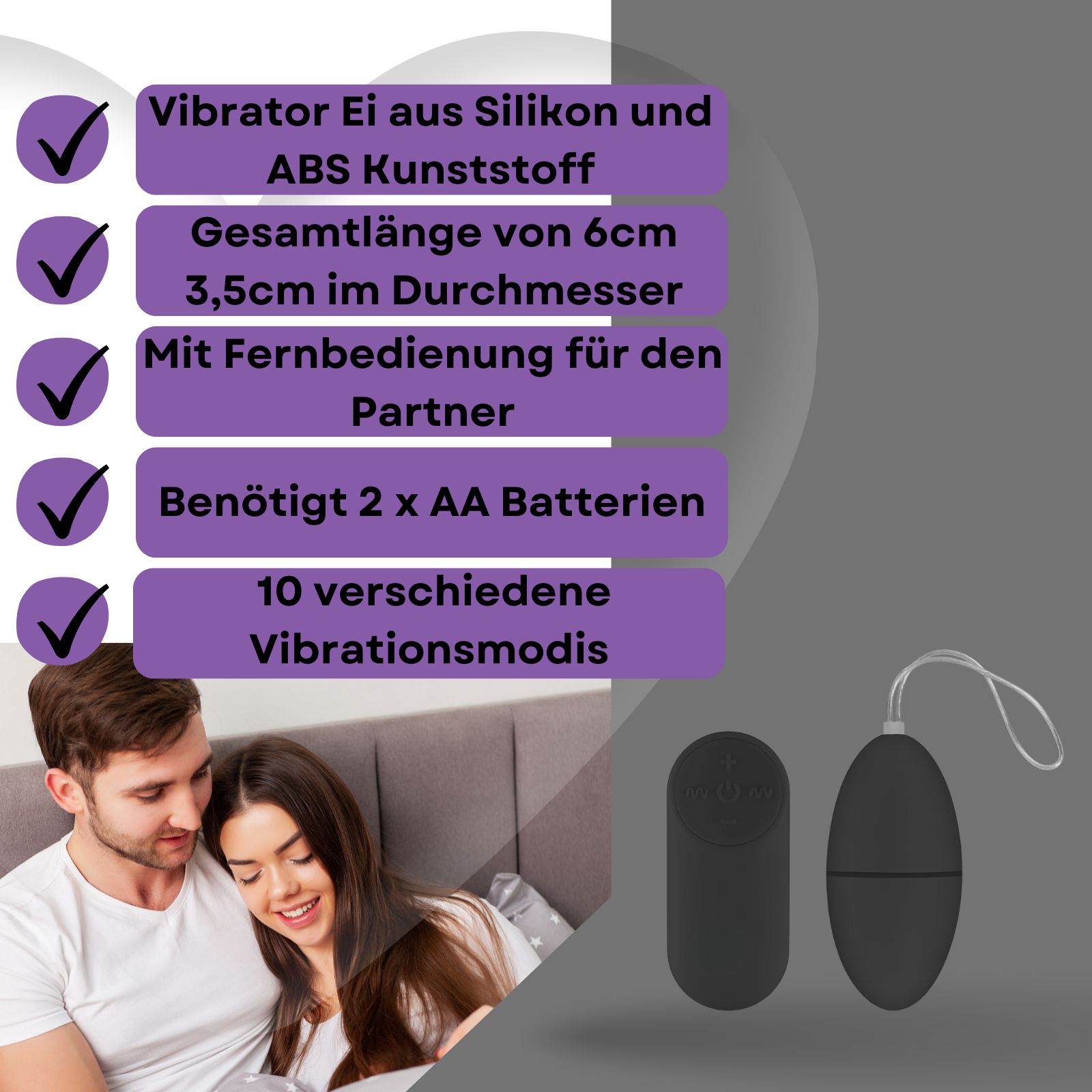 Paar im Bett. Produkt: Ei-Vibrator und Fernbedienung. Text: Vibrator Ei aus Silikon und ABS Kunststoff, 6cm lang, mit Fernbedienung.
