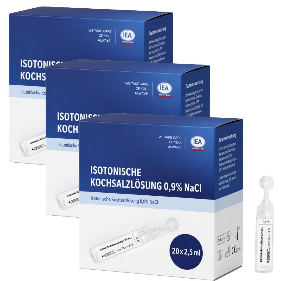 Drei Packungen isotonische Kochsalzlösung 0,9% NaCl, 20x2,5ml Ampullen pro Packung. IEA MEDICAL.