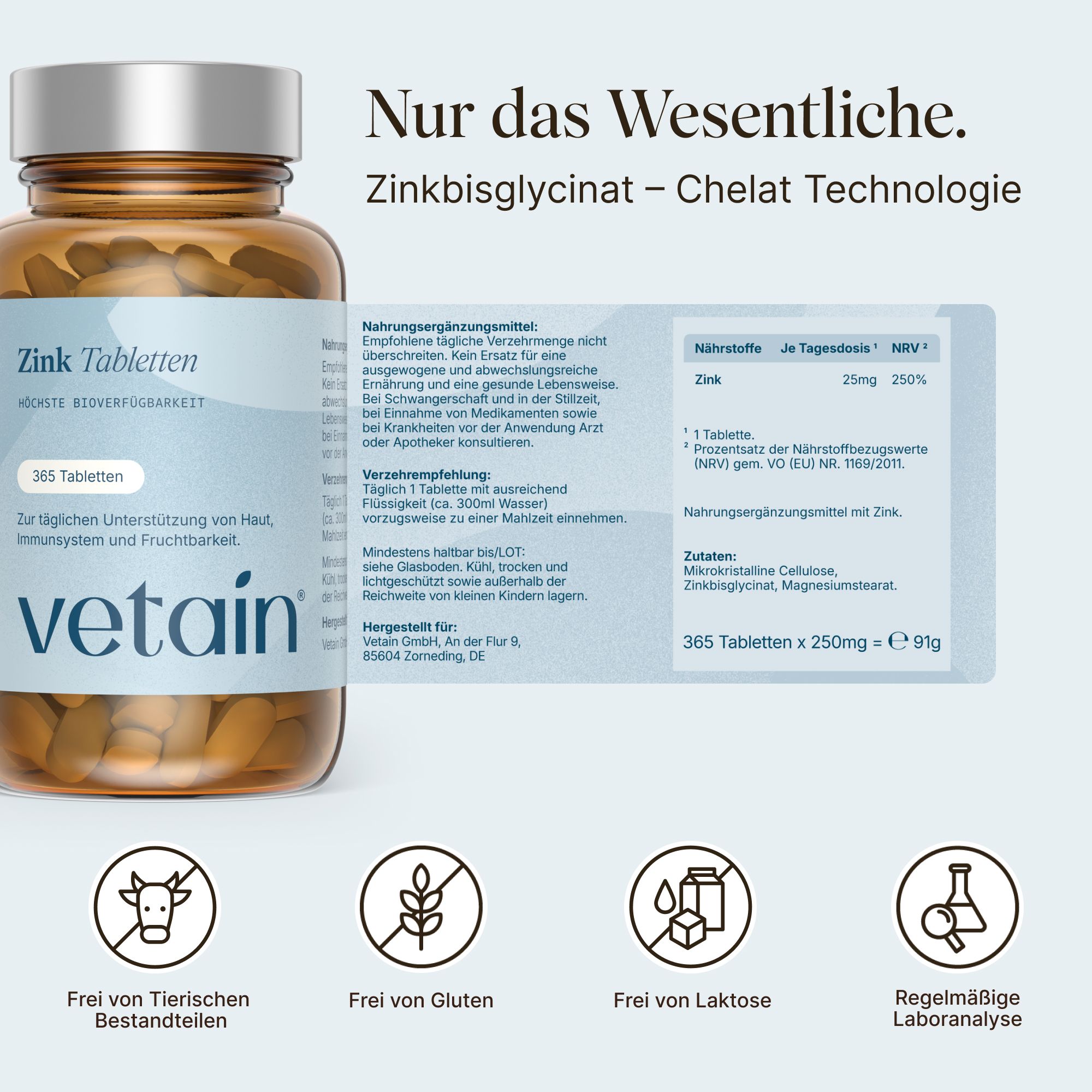 Vetaain Zink Bisglycinat: 25mg, Chelat-Technologie. Frei von Tierischen Bestandteilen, Gluten, Laktose.