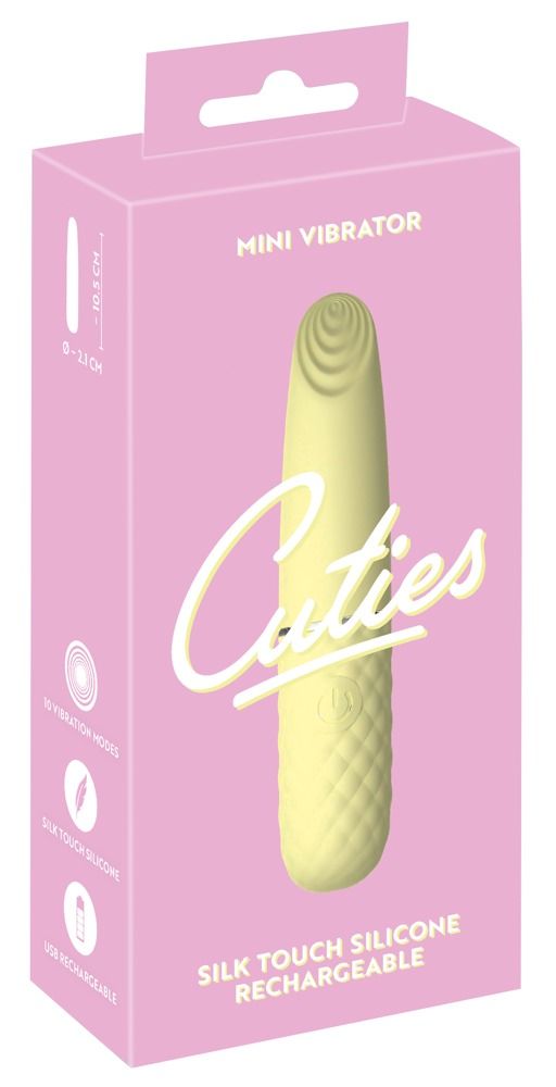Rosa Verpackung mit gelbem Vibrator-Design. Text: Cuties, Mini Vibrator, Silk Touch Silicone, USB Rechargeable.