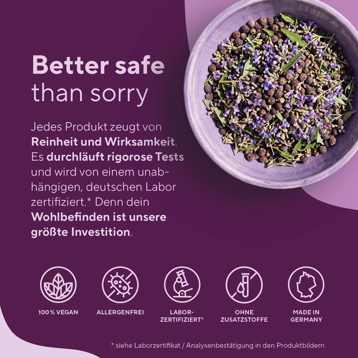 Symbole: 100% Vegan, Allergenfrei, Labor-Zertifiziert, Ohne Zusatzstoffe, Made in Germany.