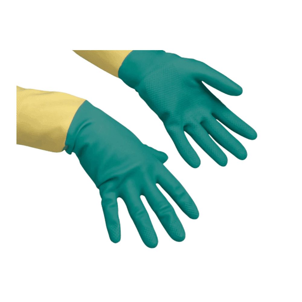 Zwei grüne Handschuhe mit gelben Manschetten. Die Handschuhe haben eine strukturierte Oberfläche.