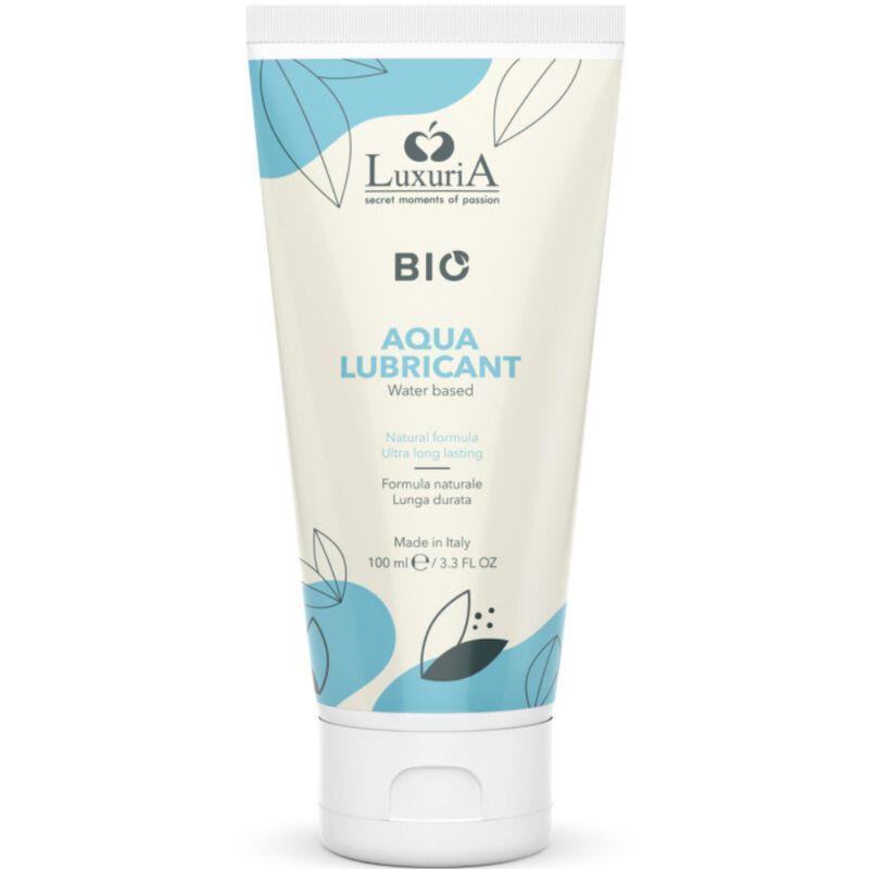 Weiß-türkisfarbene Tube. Aufschrift: LuxuriA BIO Aqua Lubricant. Text: Water based, Formula naturale. Volumen: 100 ml.