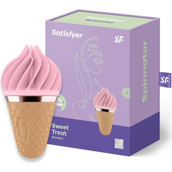 Rosa Zungenspinnator in Eiswaffelform, neben Verpackung. Verpackung mit Produktabbildung und Schriftzug 'Satisfyer Spinnator'.