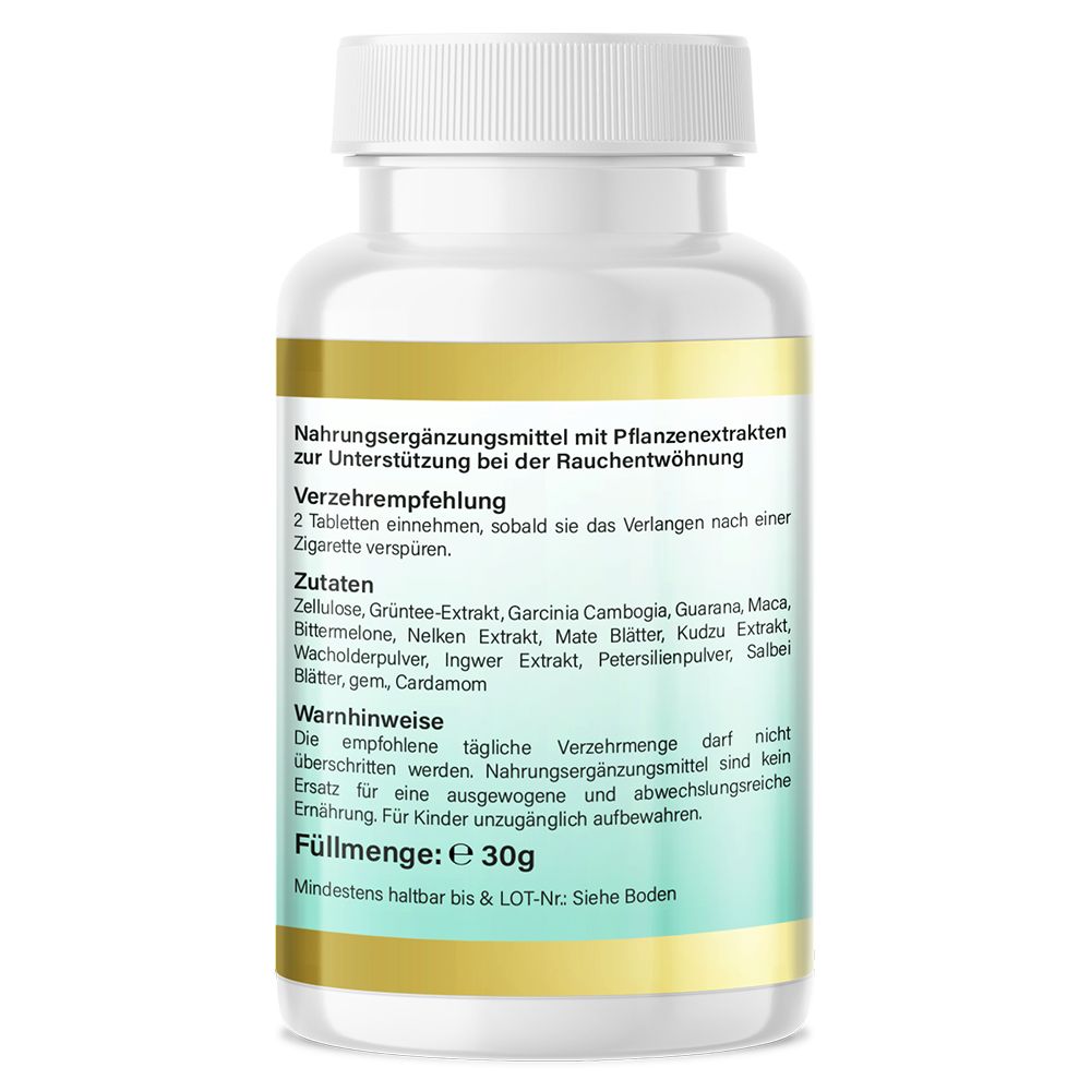 Rückseite einer weißen Flasche mit Text. Nahrungsergänzungsmittel mit Pflanzenextrakten. Verzehrempfehlung, Zutaten, Warnhinweise, Füllmenge: 30g.
