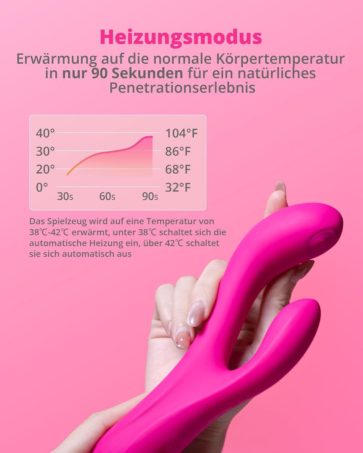 Pinker Vibrator mit zwei Armen und Heizfunktion, die die Körpertemperatur erreicht.
