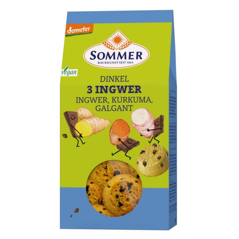 Verpackung mit Sommer Dinkel 3 Ingwer-Cookies. Grün-blaues Design mit Produktabbildungen und Text. Demeter-Siegel und Vegan-Logo.