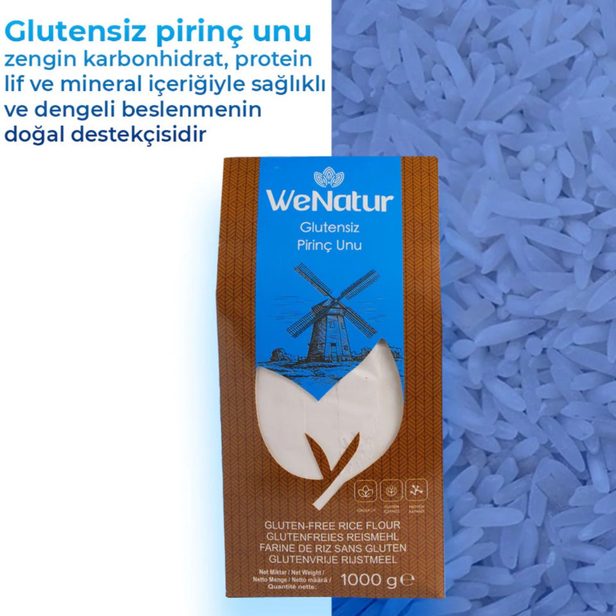 WeNatur glutenfreies Reismehl, 1000g Packung mit detaillierten Produktinformationen.