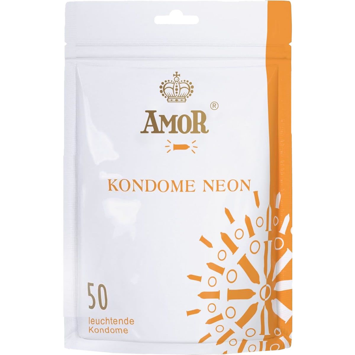 Verpackung mit Kondomen. Aufschrift AMOR, Kondome Neon, 50 leuchtende Kondome. Weiße Verpackung mit orangefarbenem Akzent.