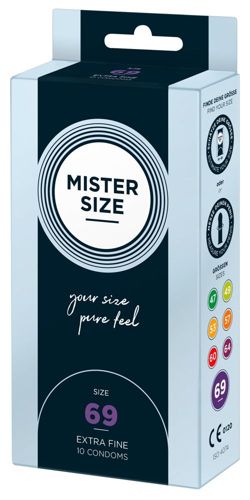 Kondomverpackung. Marke: MISTER SIZE. Größe 69, extrafein. 10 Kondome. Schwarzes Design.