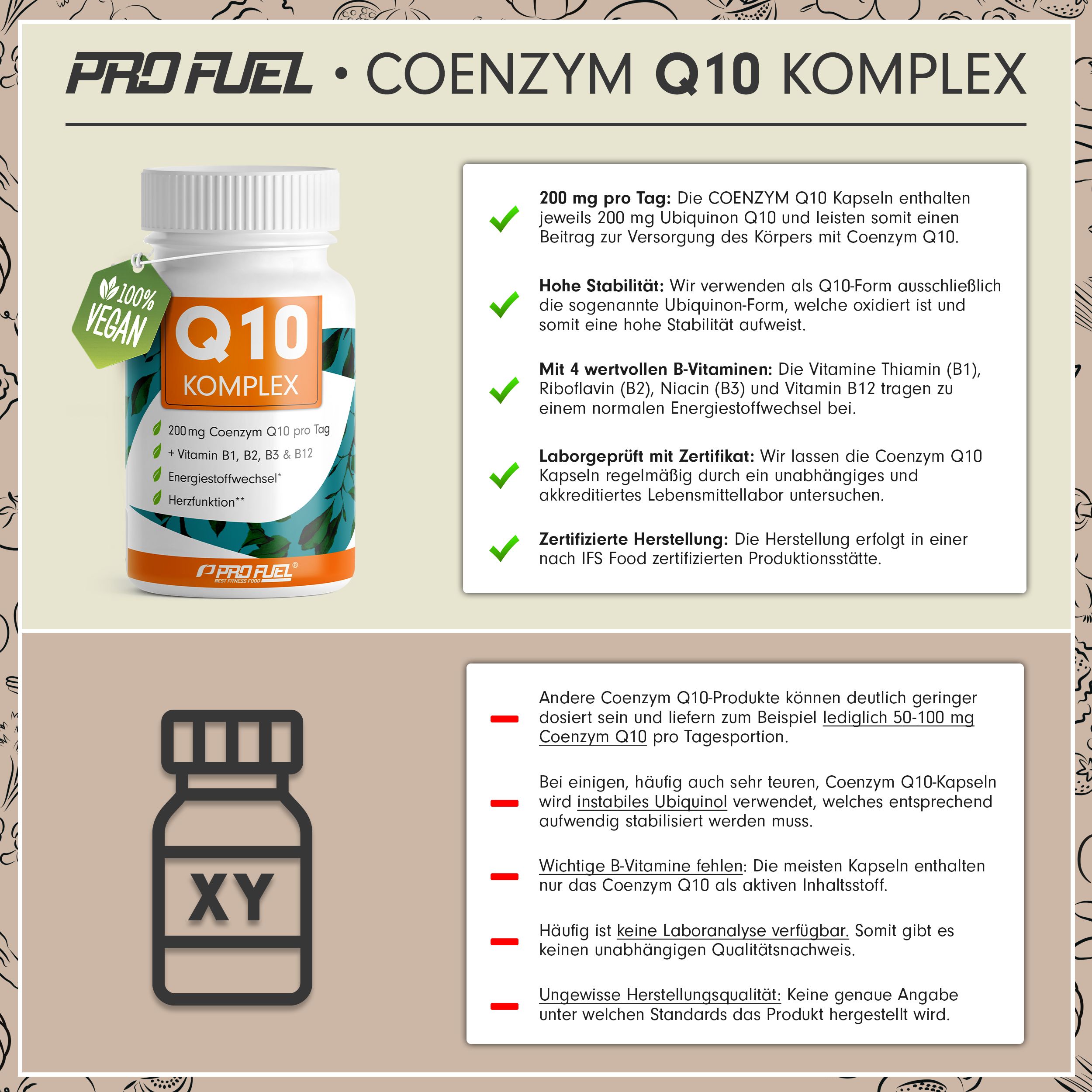 Flasche Pro Fuel Coenzym Q10 Komplex, 200mg, 100% vegan, mit Vitaminen B1, B2, B3, B12.