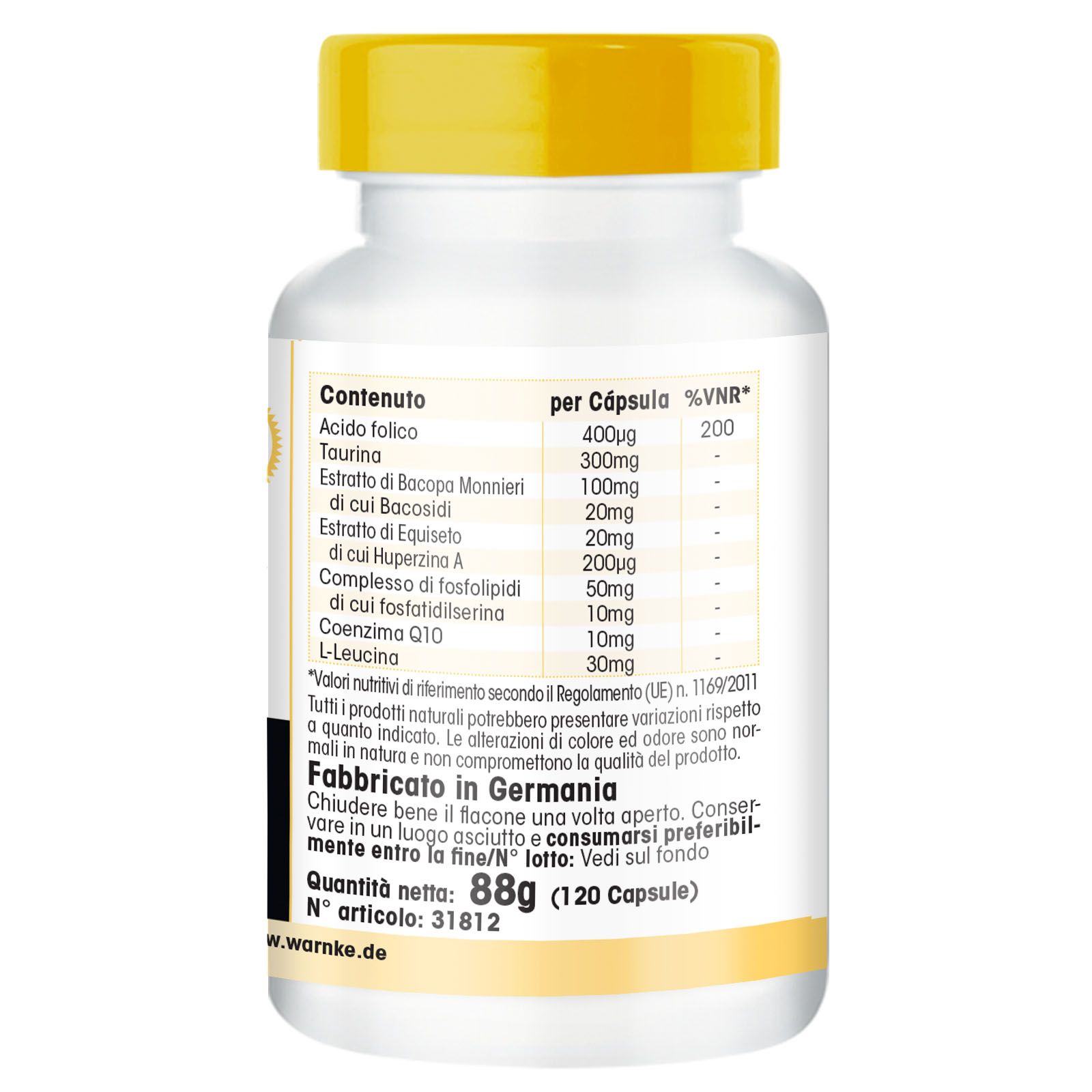 Rückseite der weißen Flasche. Nährwerttabelle mit Inhaltsstoffen. Hergestellt in Deutschland. 88g (120 Kapseln).