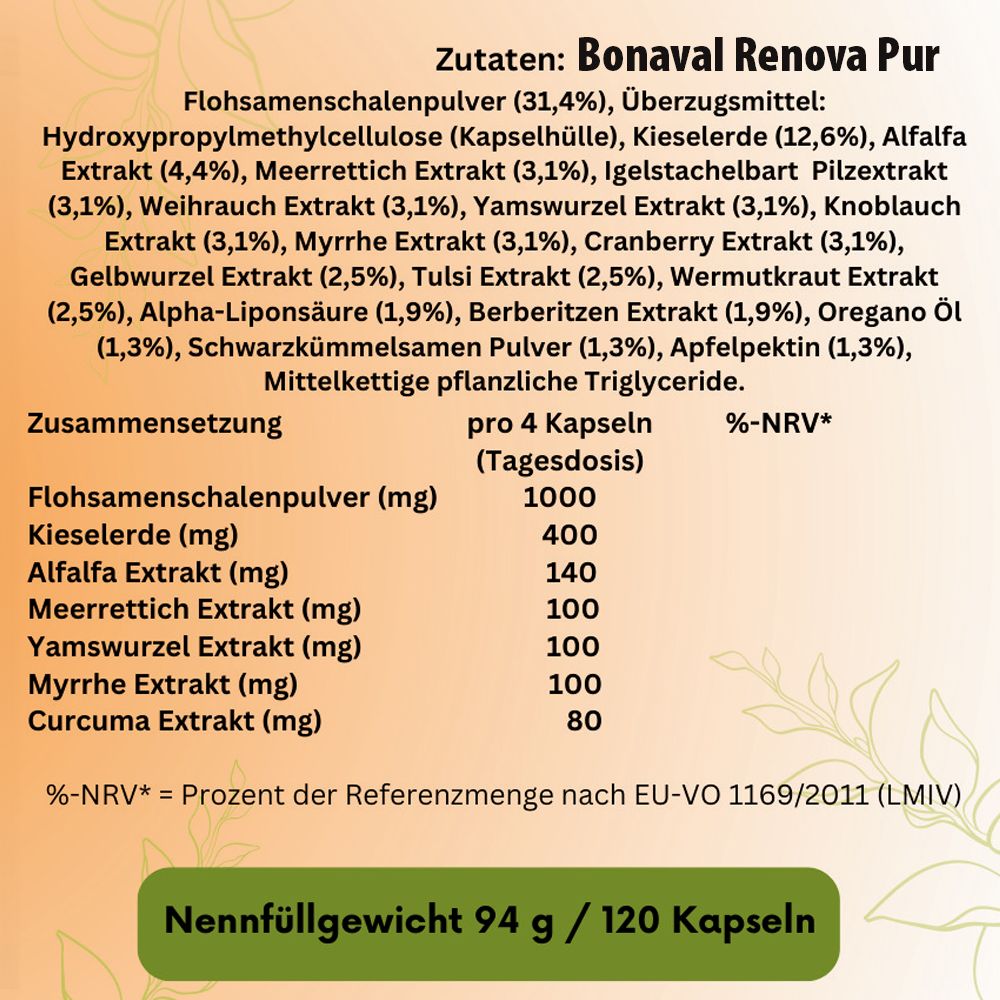 Zutatenliste von BONAVAL Renova Pur. Enthält Flohsamenschalenpulver, Kieselerde, Alfalfa Extrakt und weitere Inhaltsstoffe. Text auf Deutsch.