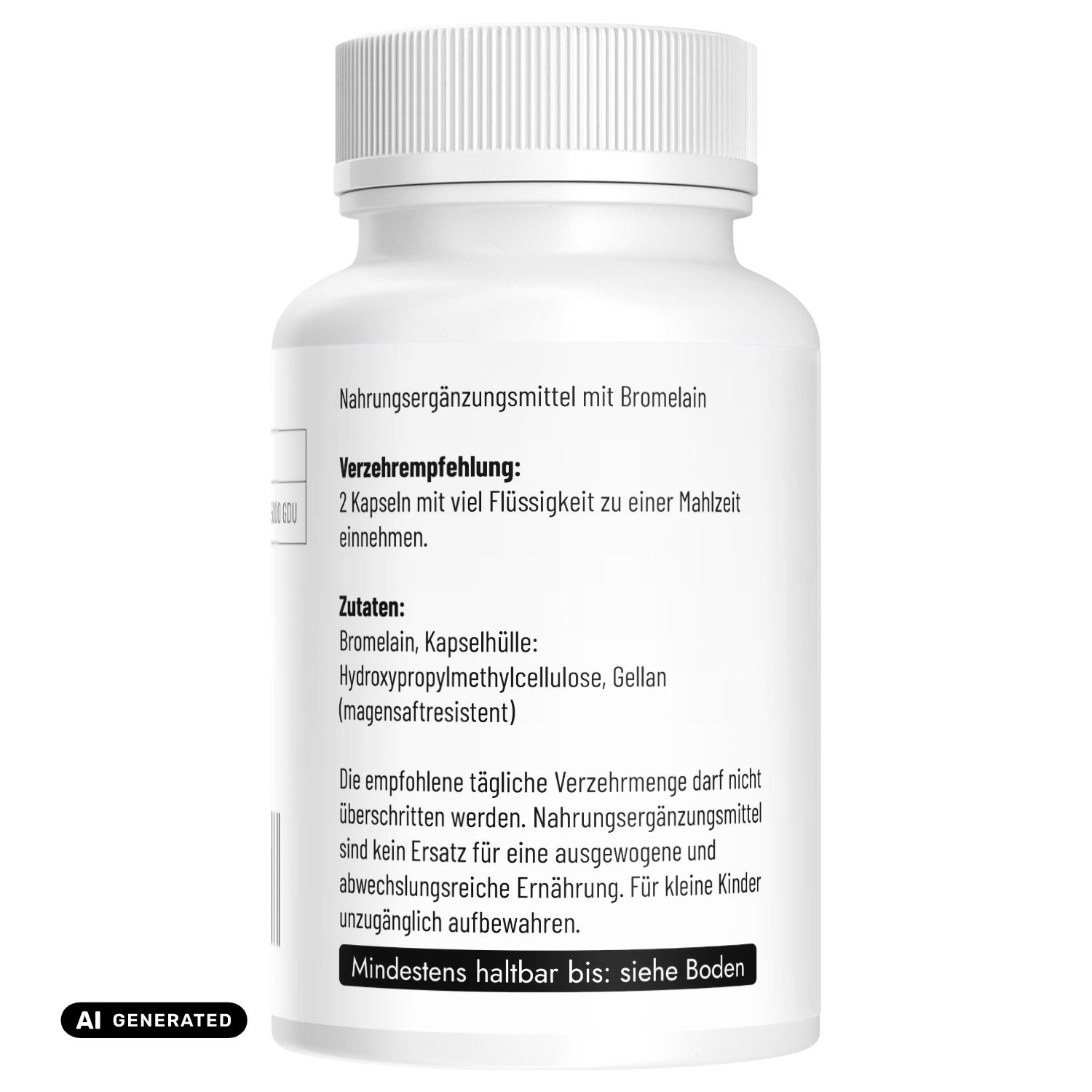 Rückseite einer Bromelain-Kapsel-Flasche mit Zutaten und Verzehrempfehlung.