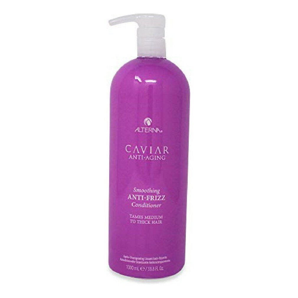 Lila Flasche mit Pumpspender, Alterna Caviar Anti-Frizz Conditioner.