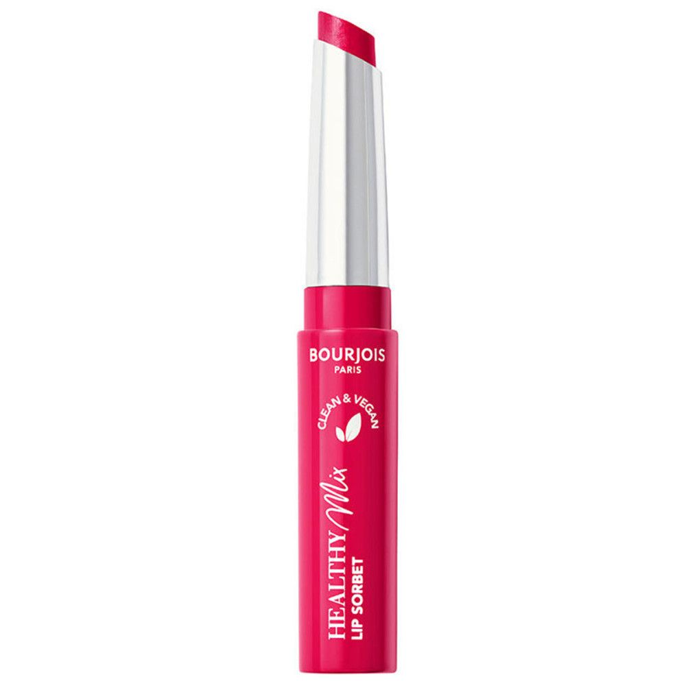 Bourjois Healthy Mix Lip Sorbet, rosa Tube. Aufschrift: Clean & Vegan. Marke und Produktname.