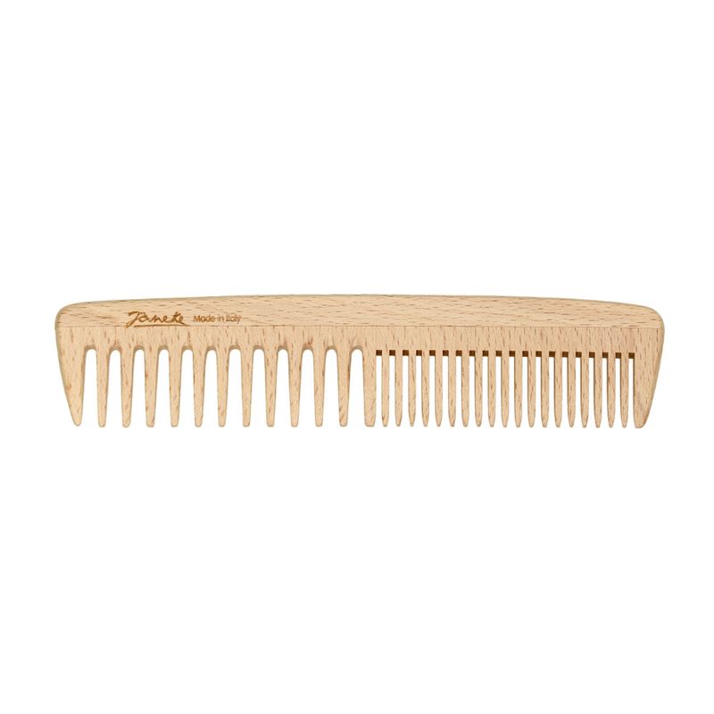 Holzkamm mit feinen Zinken. Der Kamm ist hellbraun und hat abgerundete Ecken. Der Markenname ist auf dem Griff zu sehen.