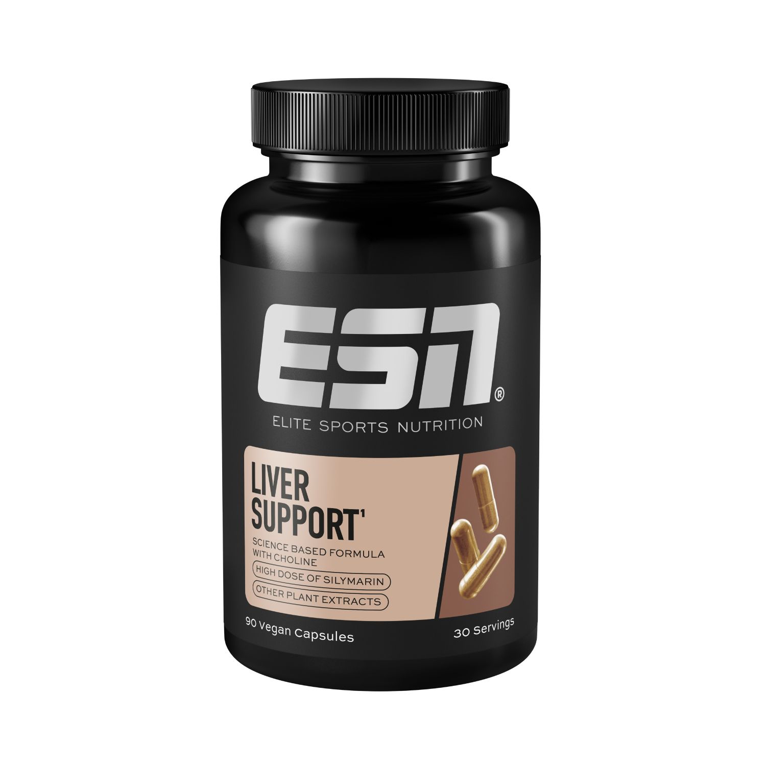 Schwarze Flasche mit ESN-Logo und Aufschrift 'Liver Support'. Enthält Kapseln. 90 vegane Kapseln, 30 Portionen.