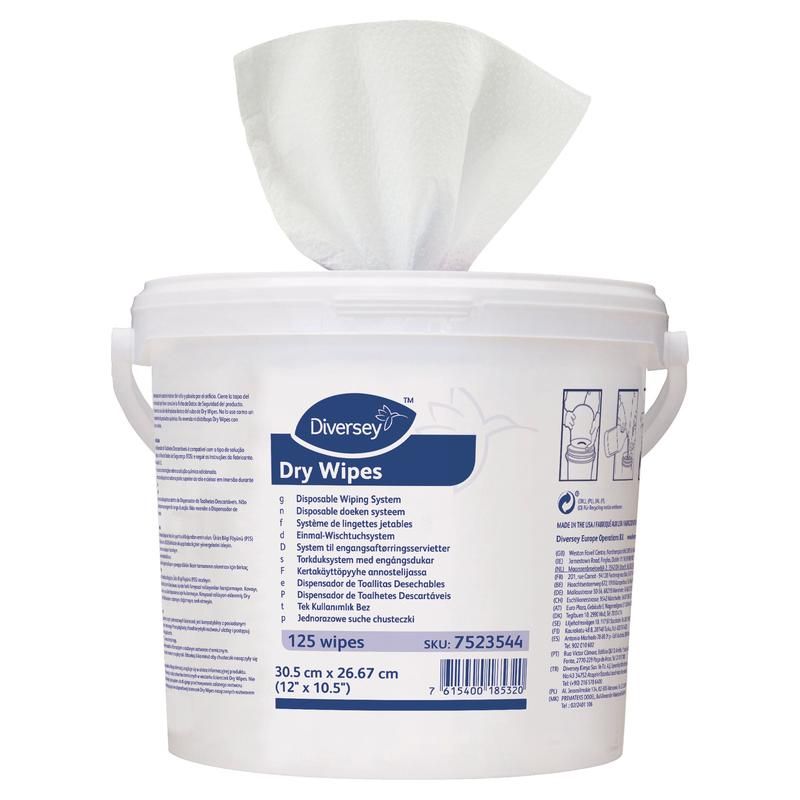 Weißer Eimer mit Dry Wipes. Aufschrift: Diversey, Dry Wipes, 125 Tücher. Maße: 30,5 cm x 26,67 cm.