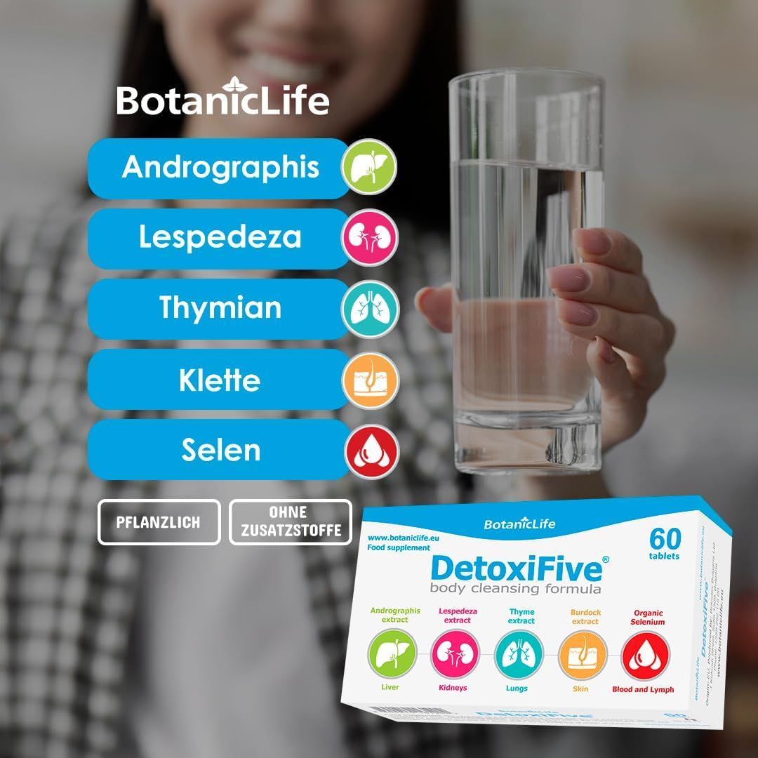Frau hält Glas Wasser. Daneben eine Packung DetoxiFive. Auf der linken Seite sind Inhaltsstoffe und Icons abgebildet.