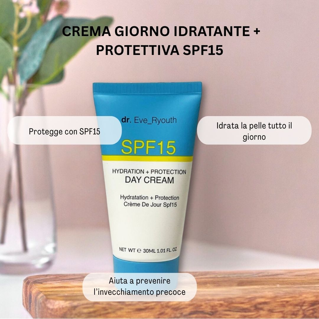 Produkt-Tube mit "dr. Eve_Ryouth" und "SPF15". Text: "Hydratation + Protection Day Cream". Auf Holzbrett, mit Text-Blasen.