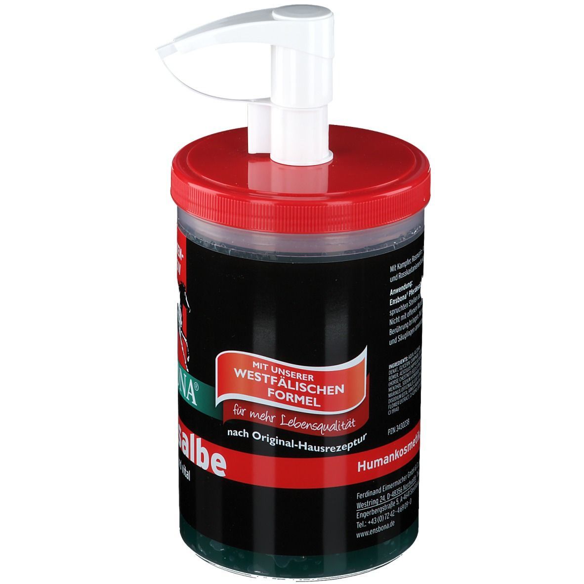 Dose Ensbona Pferdesalbe mit rotem Deckel und weißem Spender. Schwarzes Etikett mit Logo und Schriftzug. Mit westfälischer Formel.