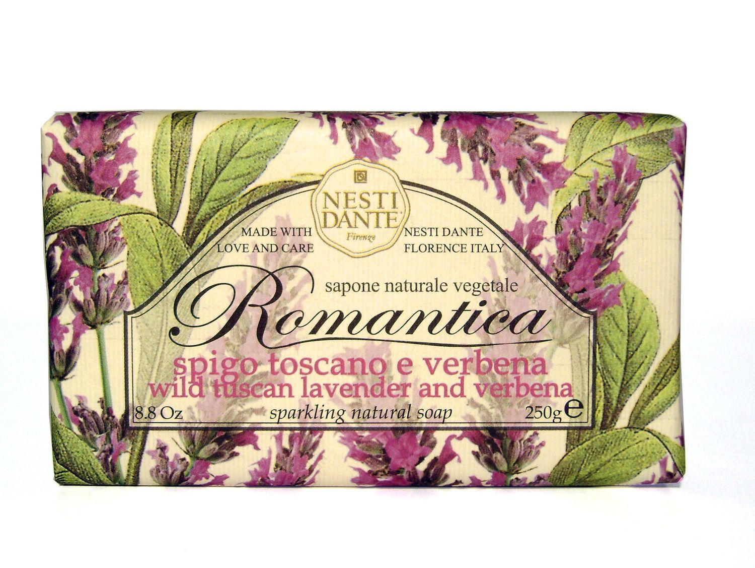 Seife mit floralem Muster. Aufschrift: Romantica, spigo toscano e verbena, wild tuscan lavender and verbena. Marke: Nesti Dante.