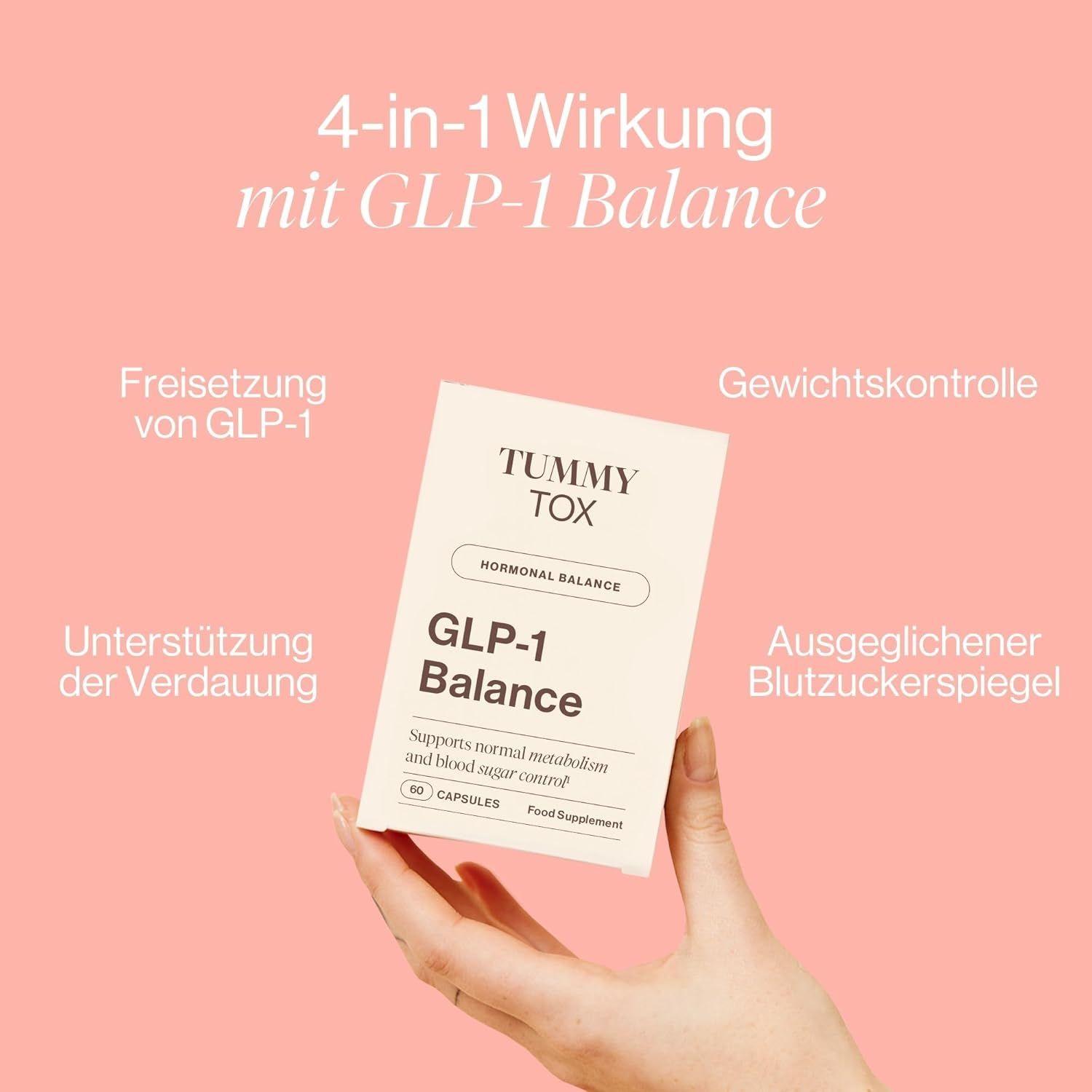 Hand hält Produktverpackung Tummy Tox GLP-1 Balance. Text: 4-in-1 Wirkung, GLP-1 Balance. Vorteile: GLP-1 Freisetzung, Verdauung, Gewichtskontrolle, Blutzuckerspiegel.