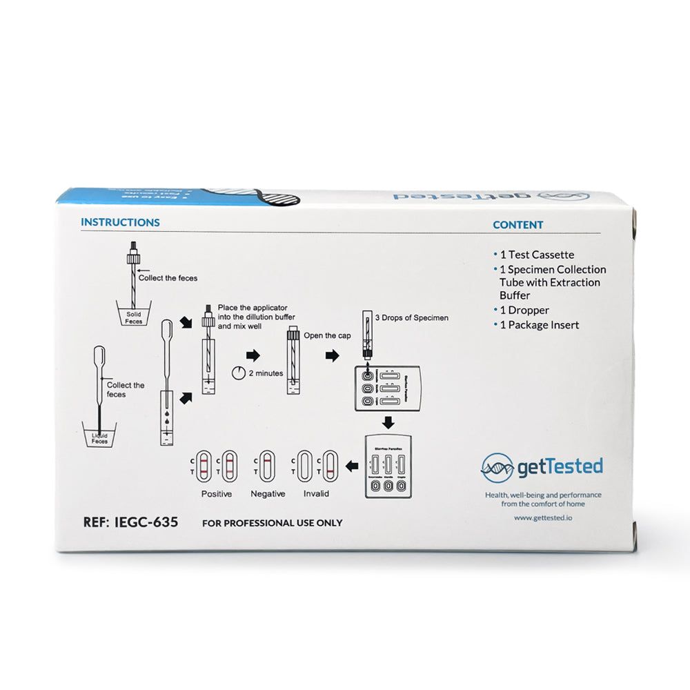 Rückseite der GetTested Parasiten Test-Verpackung. Illustrationen zur Anwendung. Enthält: Testkassette, Probenröhrchen, Puffer, Tropfer, Beilage.