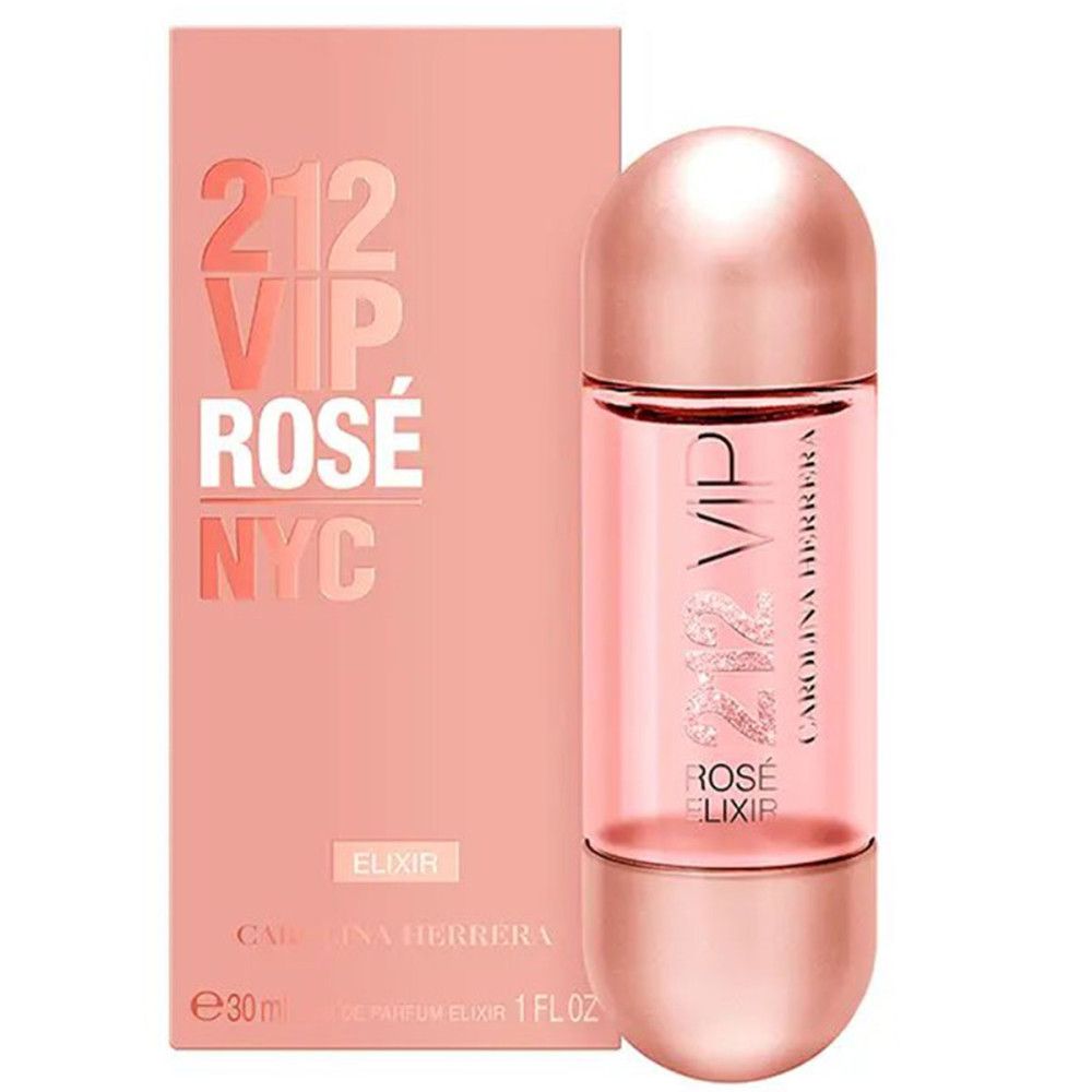 Rosafarbener Flakon und Verpackung. Aufschrift: 212 VIP Rosé Elixir NYC. Marke: Carolina Herrera. Flakon: 1 FL OZ.