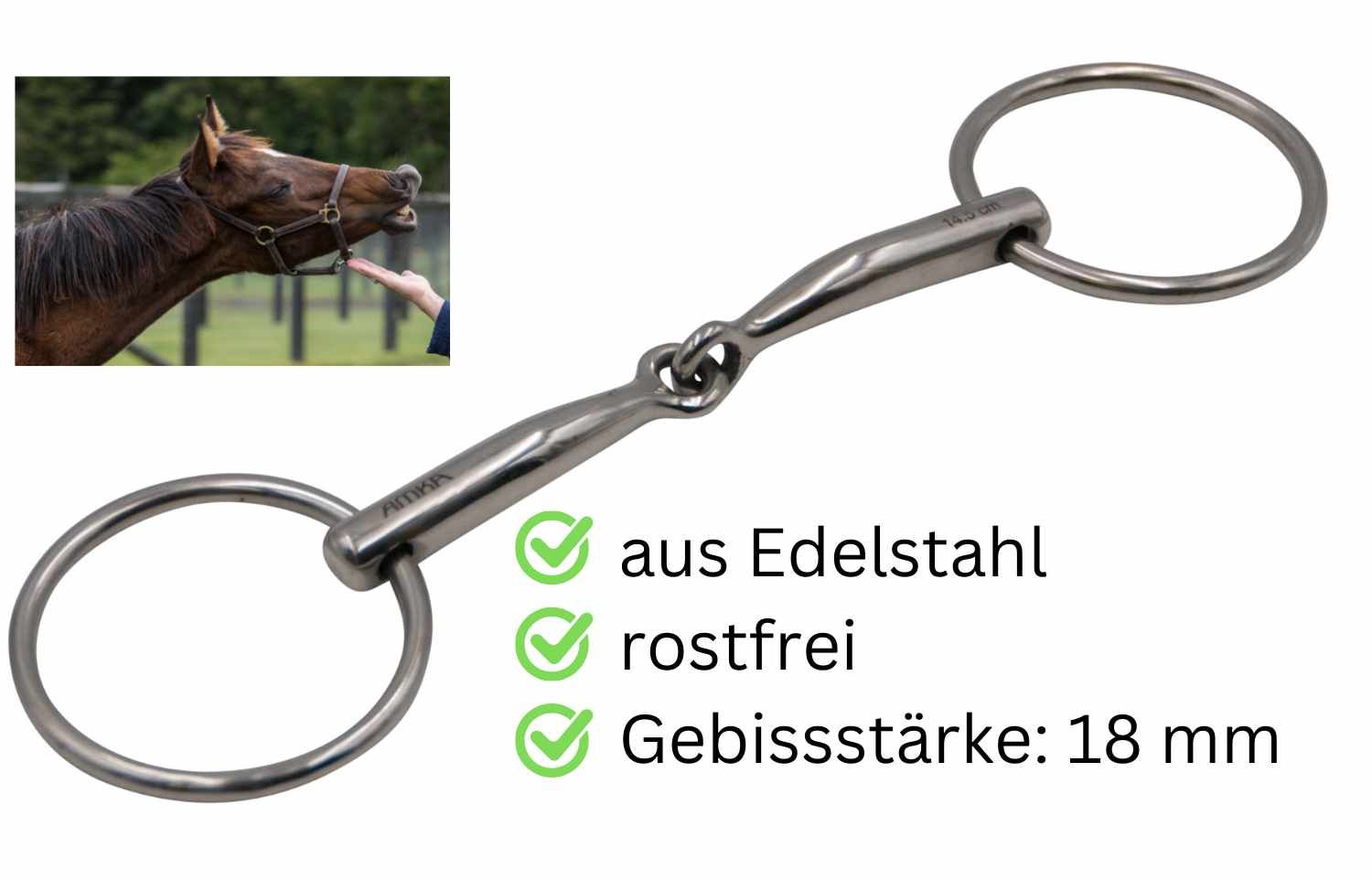 Gebiss mit zwei Ringen und Mittelstück. Text: 'aus Edelstahl', 'rostfrei', 'Gebissstärke: 18 mm'.