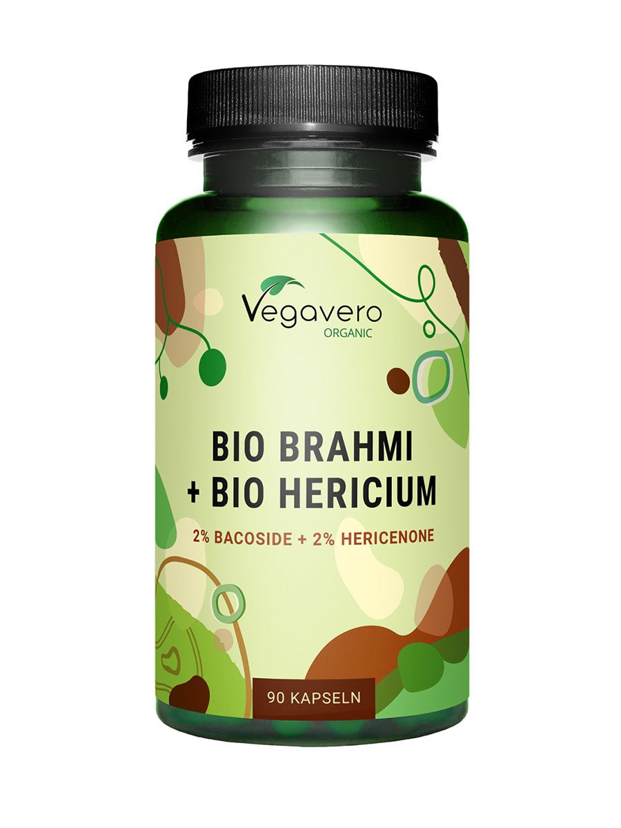 Grüne Flasche mit schwarzen Deckel. Aufschrift: BIO BRAHMI + BIO HERCIUM. 90 Kapseln. Marke Vegavero.