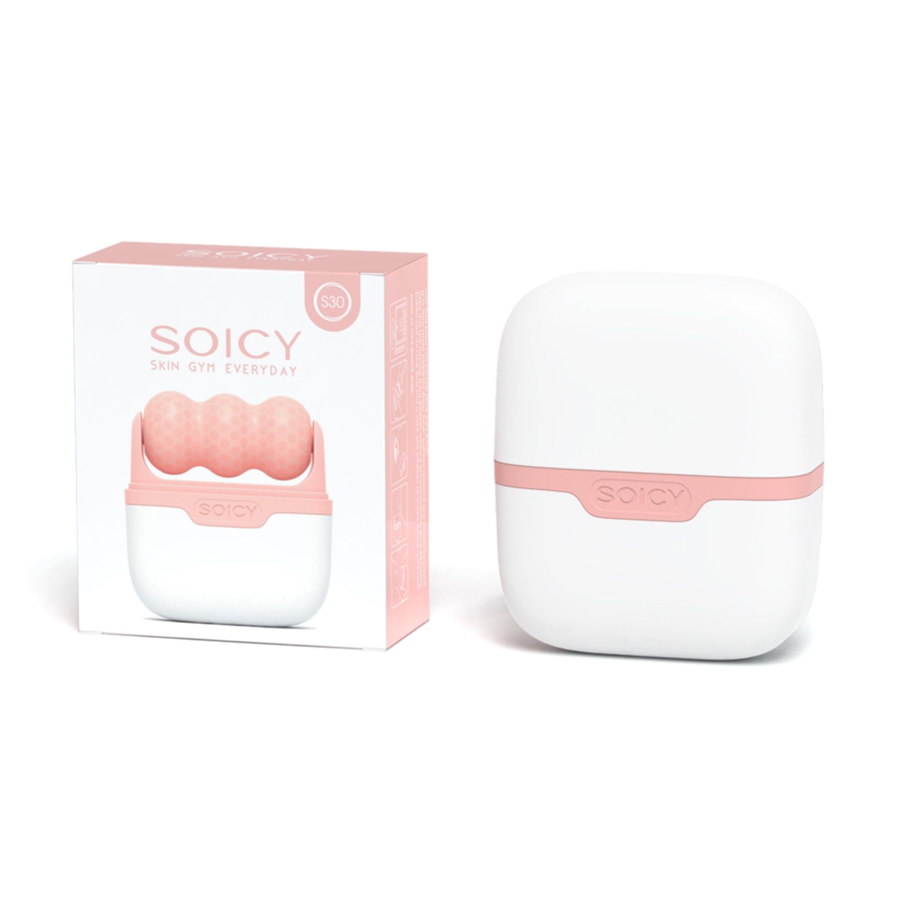 Pinkfarbener Eisroller und Verpackung. Aufschrift: SOICY. Weißer Behälter mit pinkfarbenem Deckel.