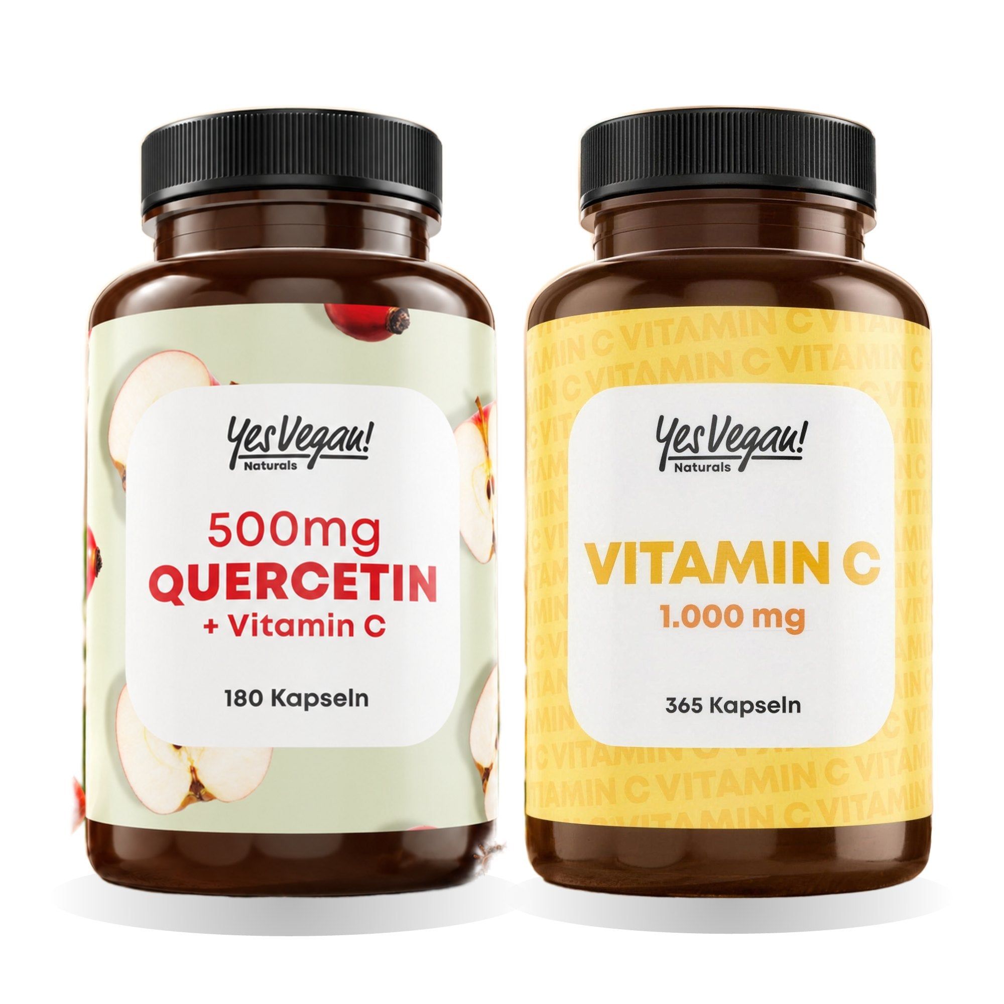 Zwei Flaschen Nahrungsergänzungsmittel: 500mg Quercetin + Vitamin C und Vitamin C 1.000 mg.