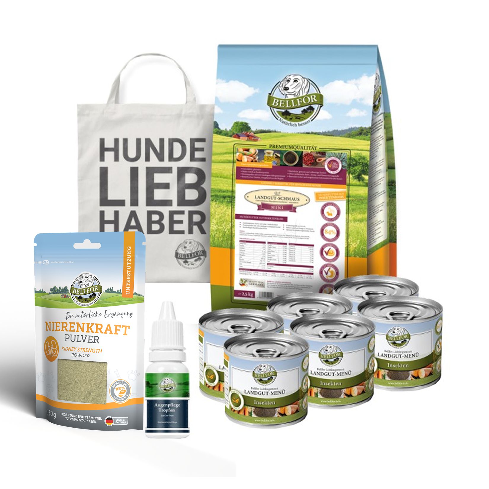 Set mit Futter, Pulver, Augentropfen, Tragetasche und Dosen. Aufdrucke: Bellfor, Hunde Liebhaber, Nierenkraft Pulver.