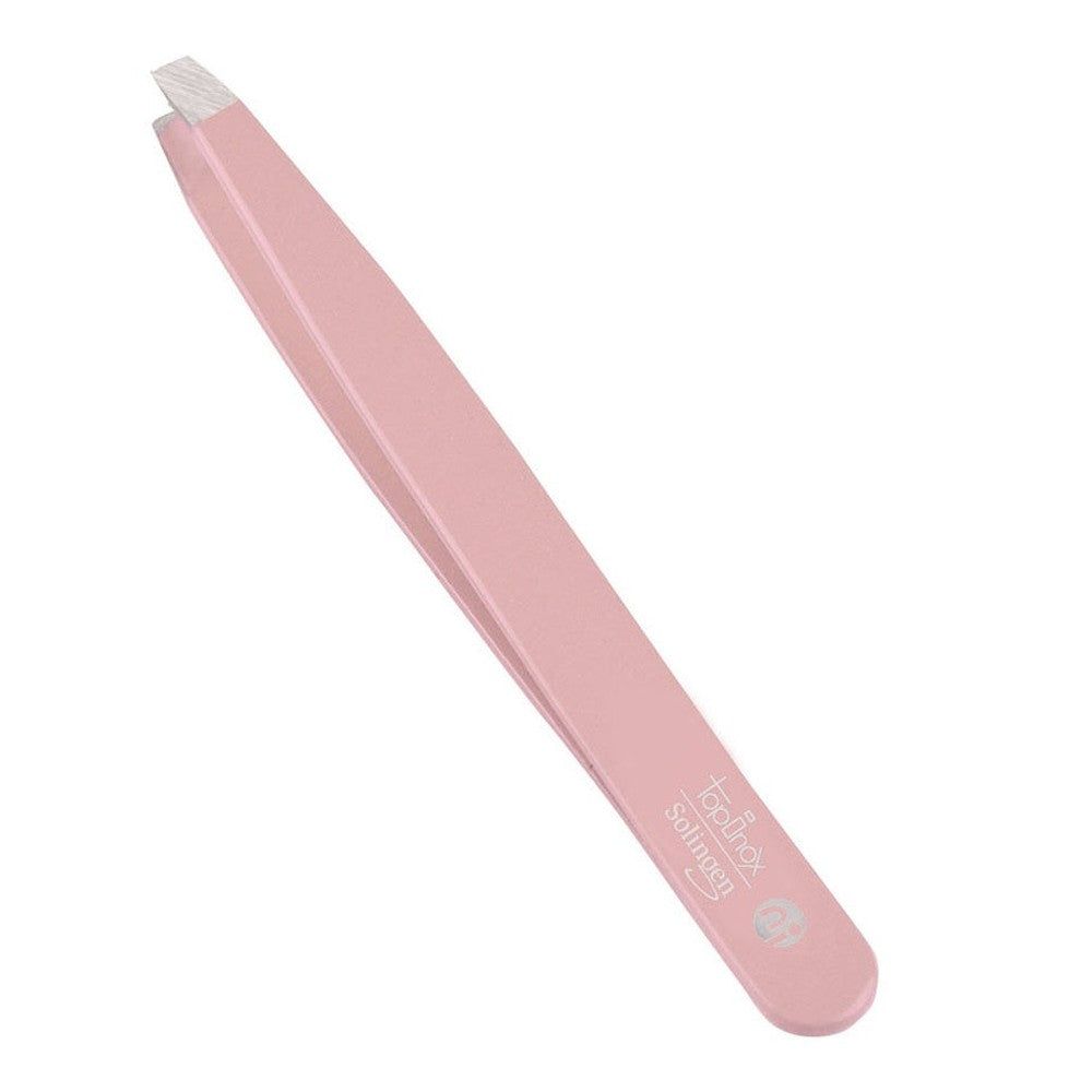 Rosafarbene Pinzette mit abgeschrägten Spitzen. Auf dem Griff ist "TopInox Solingen" eingraviert.