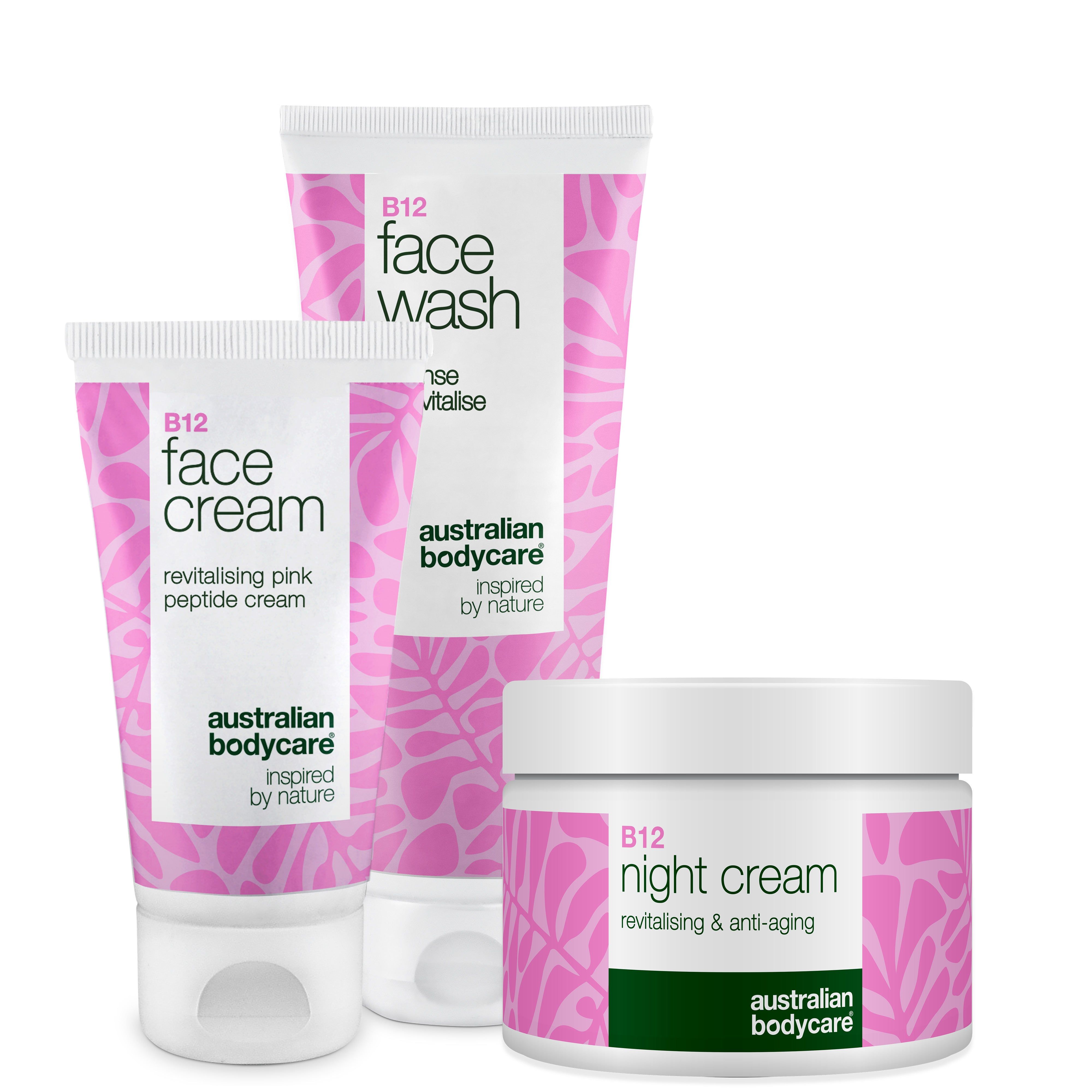 Drei Kosmetikprodukte: Face Wash, Face Cream und Night Cream. Alle in Weiß und Rosa mit floralem Muster und Schriftzug.