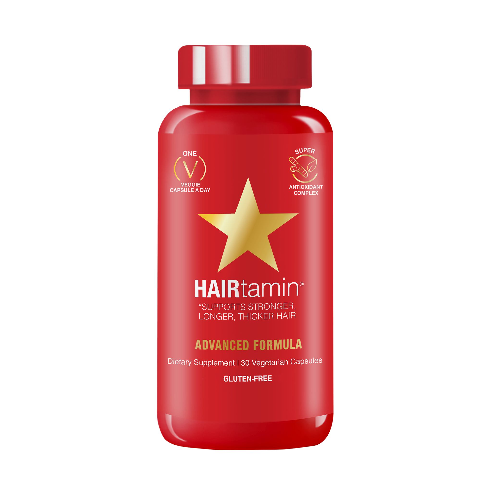 Rote Flasche mit Kapseln. Aufschrift: HAIRtamin Advanced Formula. Goldener Stern. Vegan-Logo. 30 Kapseln. Glutenfrei.