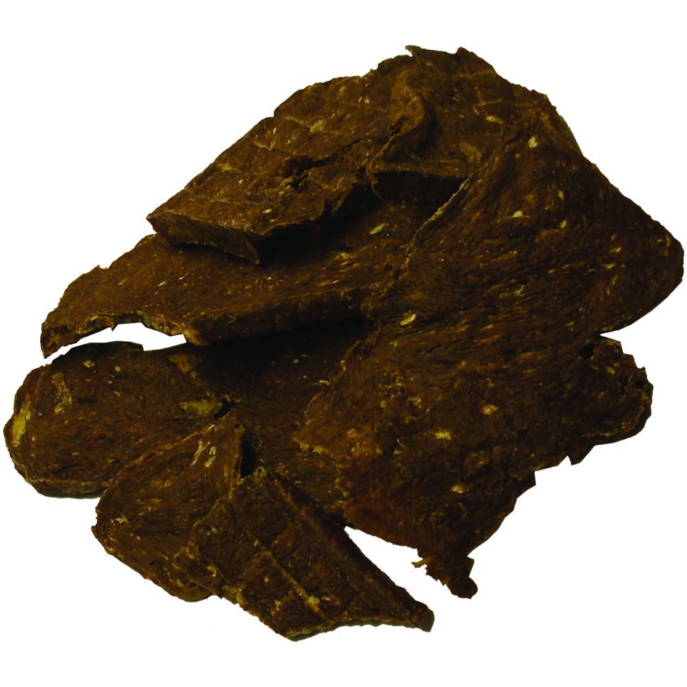 Dunkelbraune, getrocknete Fleischstücke. Unregelmäßige Form, leicht unebene Oberfläche. Einzelne helle Punkte sichtbar.