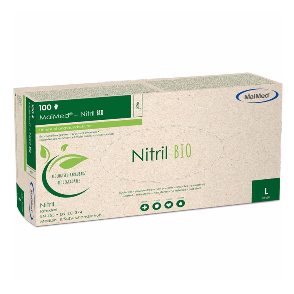Karton mit MaiMed Nitril BIO Handschuhen. Aufdrucke: 100 Stück, Nitril, biologisch abbaubar, EN 455, Größe L. Logo MaiMed.