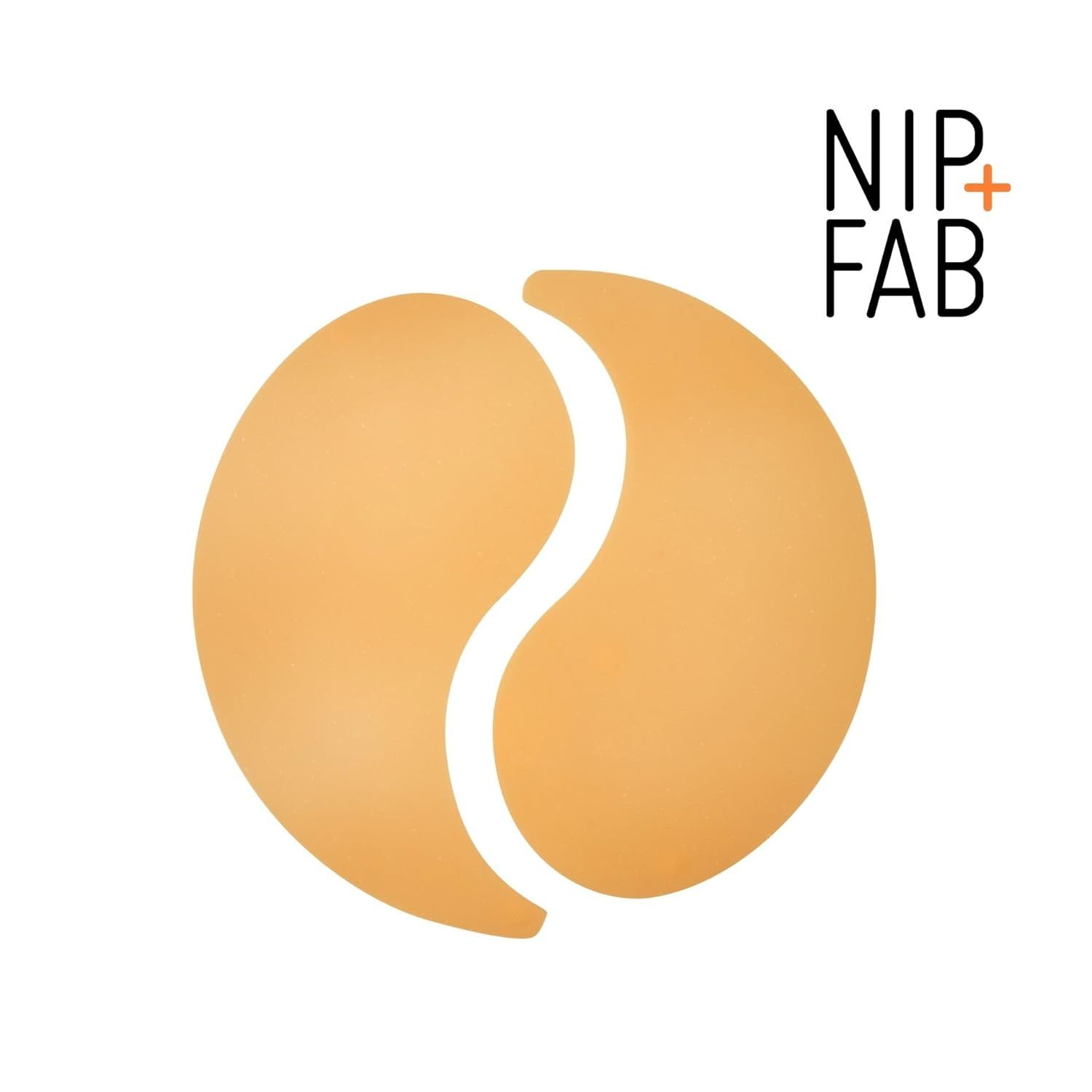 Zwei gelbliche, halbmondförmige Augenpads, geteilt durch eine geschwungene Linie. Rechts: NIP+FAB Logo.