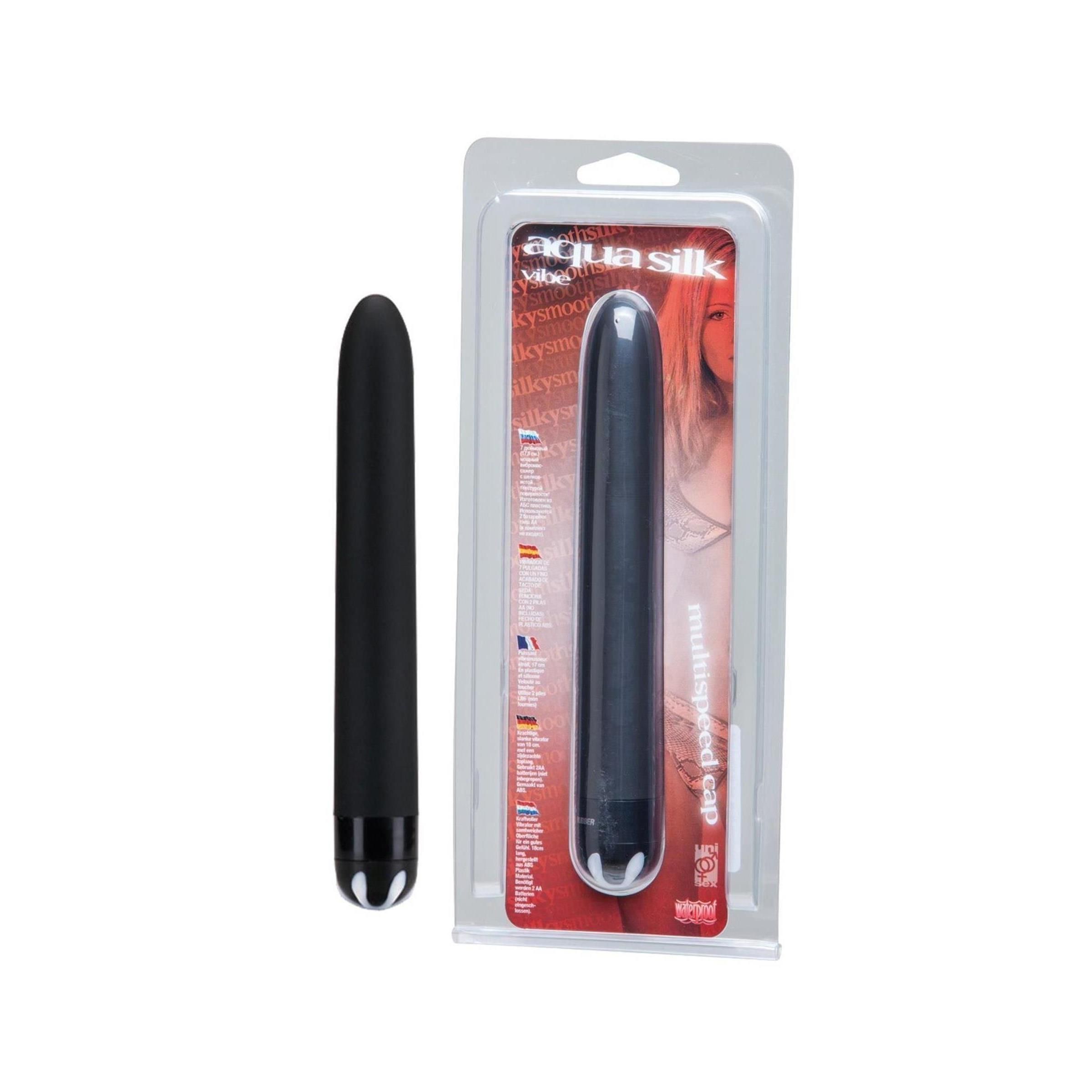 Schwarzer Vibrator mit silbernem Kugeldetail am Ende, in Blisterverpackung.