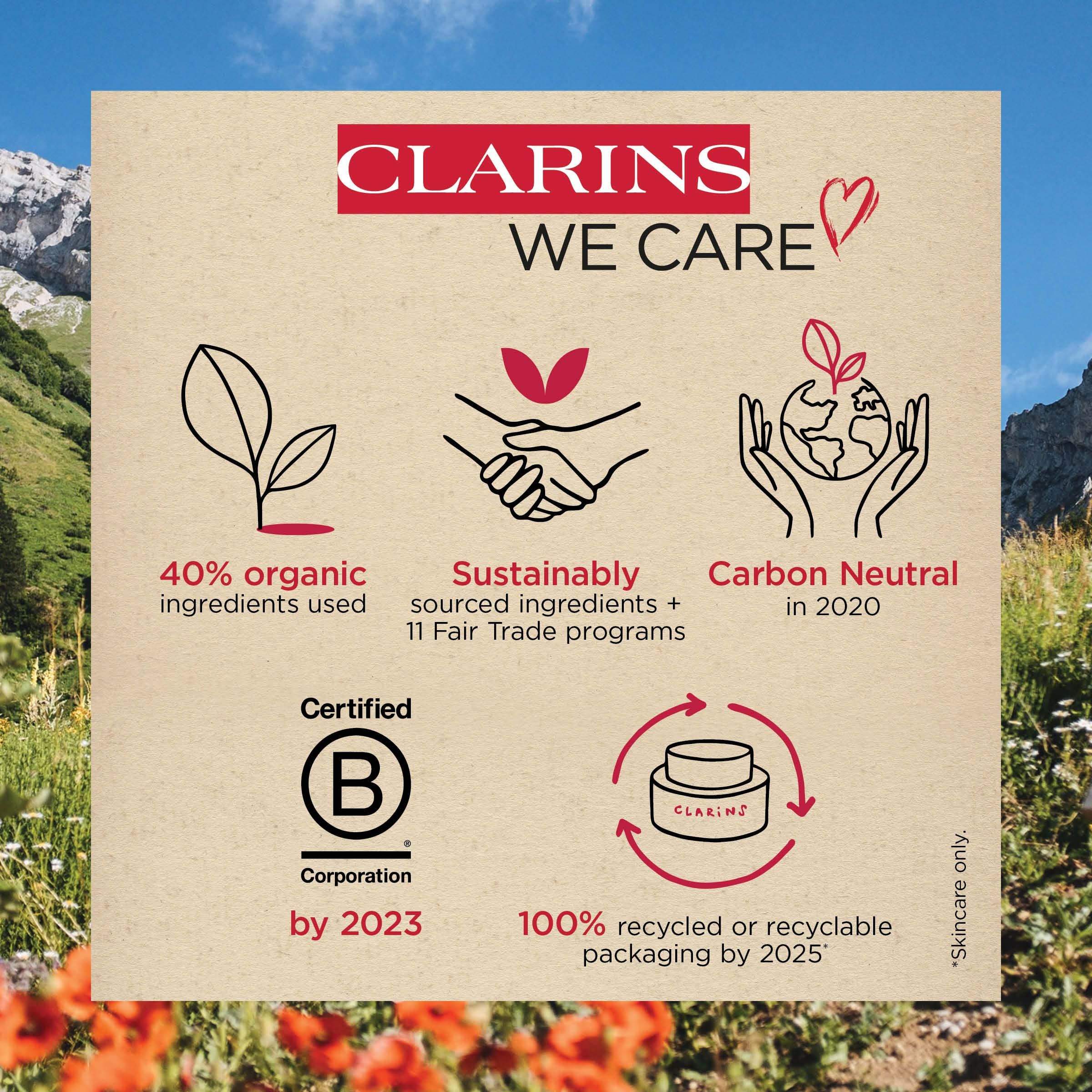 Infografik mit Logos und Texten. Enthält Informationen zu Nachhaltigkeit und Zertifizierungen von Clarins.