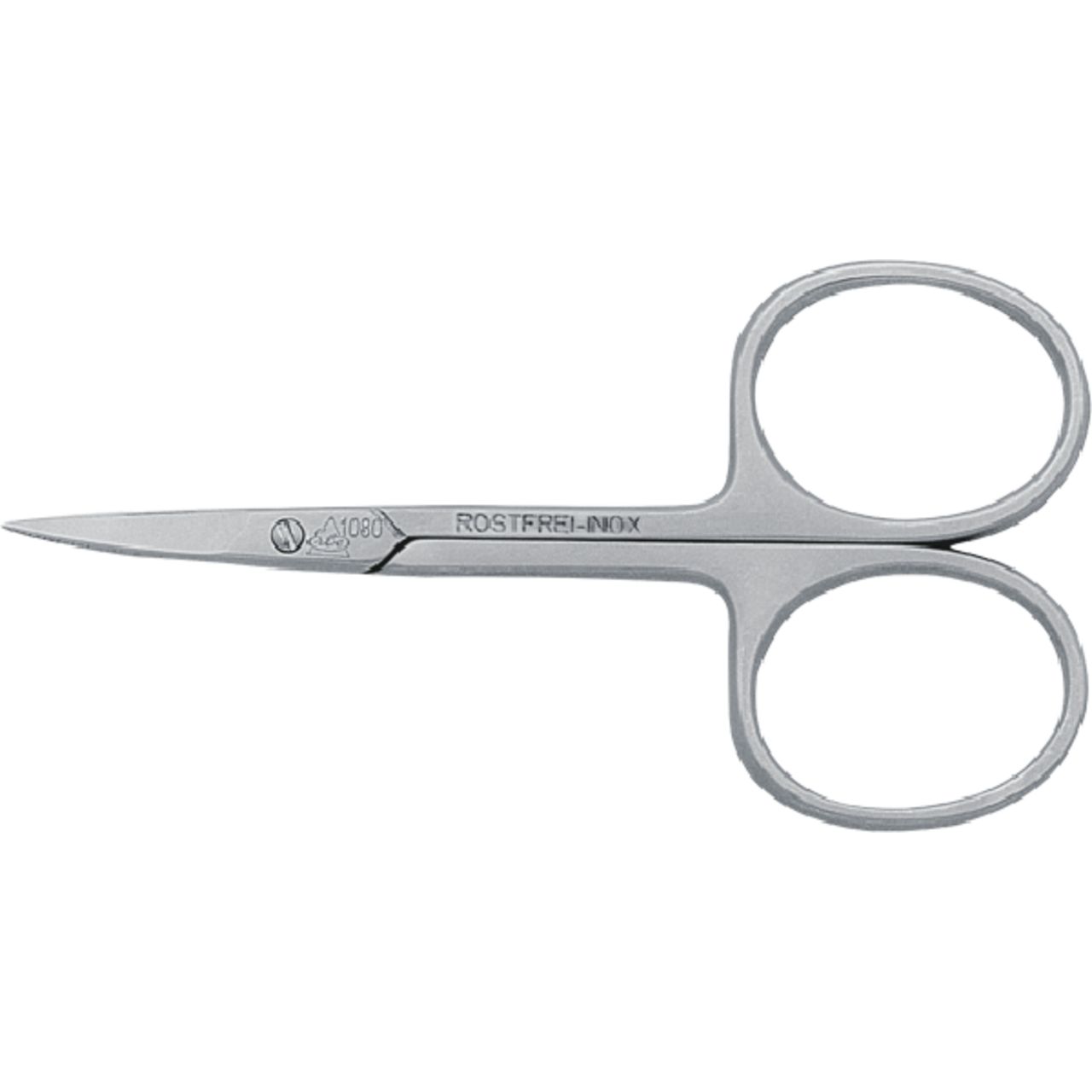 Kleine, gebogene Schere aus rostfreiem Edelstahl mit zwei Fingerringen.
