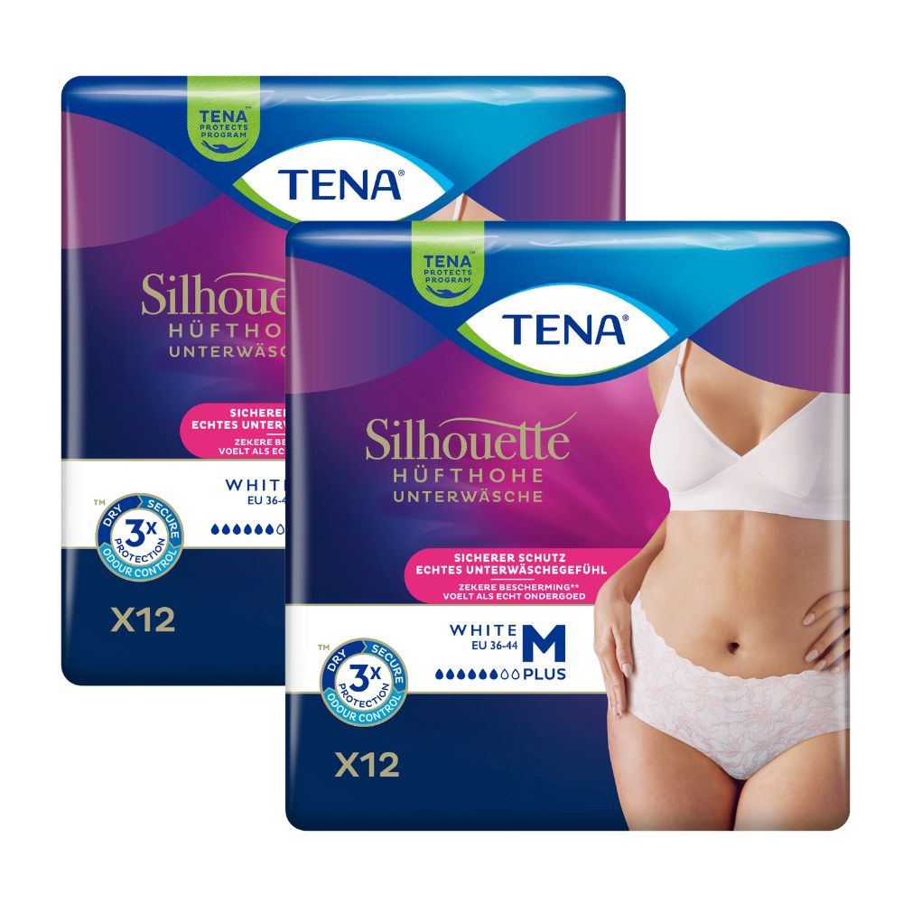 Zwei Packungen TENA Silhouette Plus White. Aufdrucke: Silhouette, Hüfthohe Unterwäsche, White, EU 36-44, M, X12.