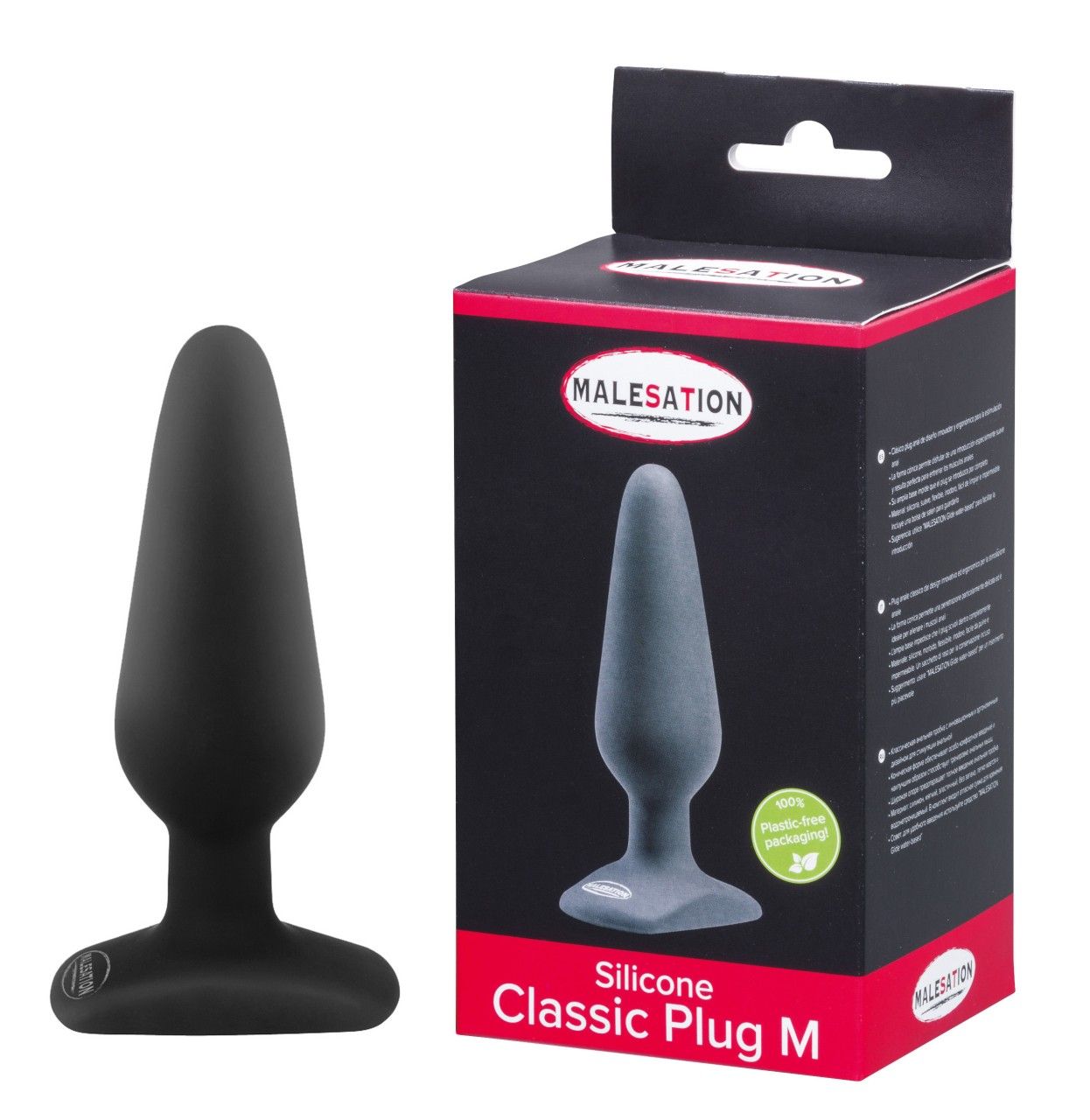 Schwarzer Silikon-Plug, Größe M, mit breiter Basis und spitz zulaufender Form. Inklusive Verpackung.