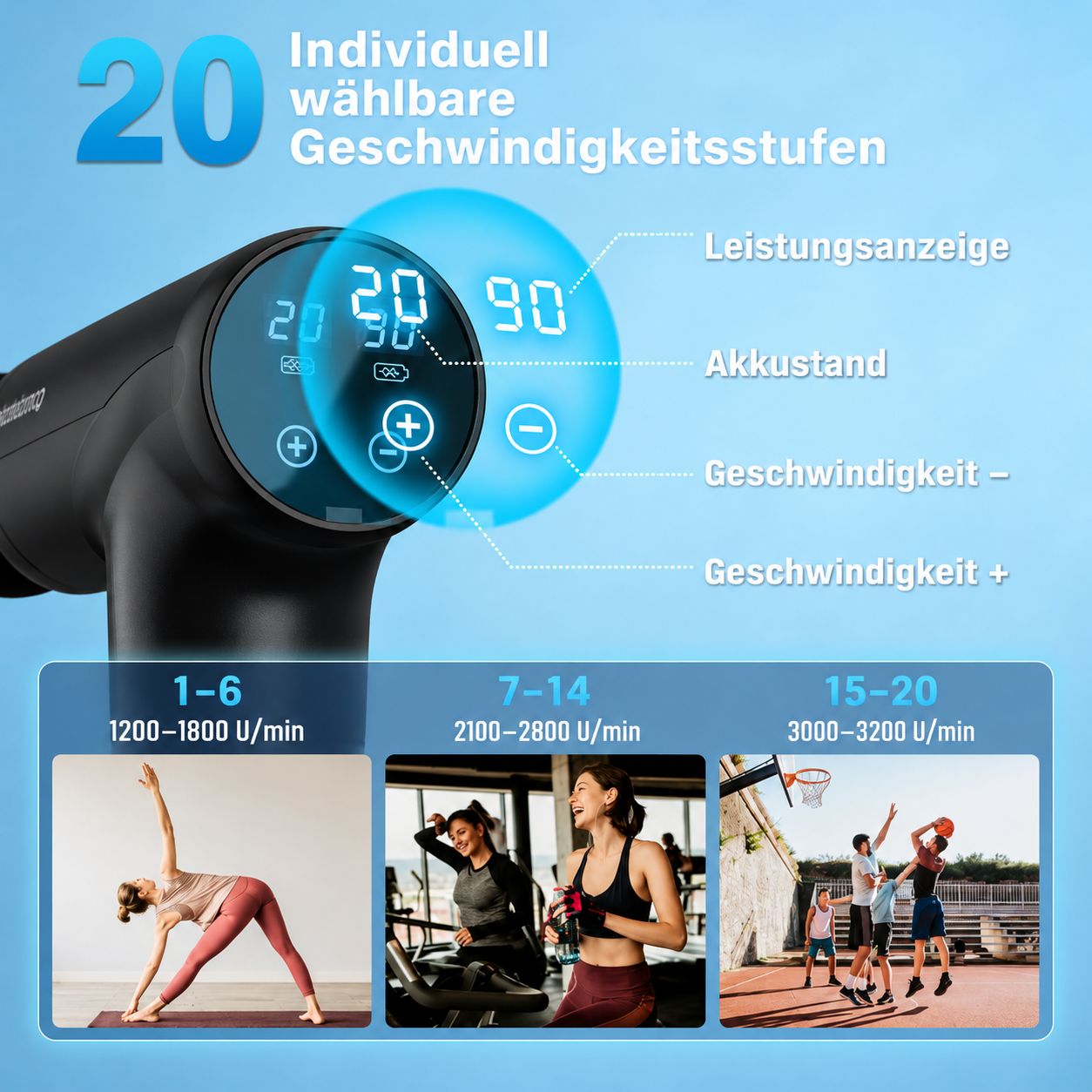 Kompaktes Massagegerät mit roten und weißen Elementen, das an verschiedenen Körperteilen angewendet wird.